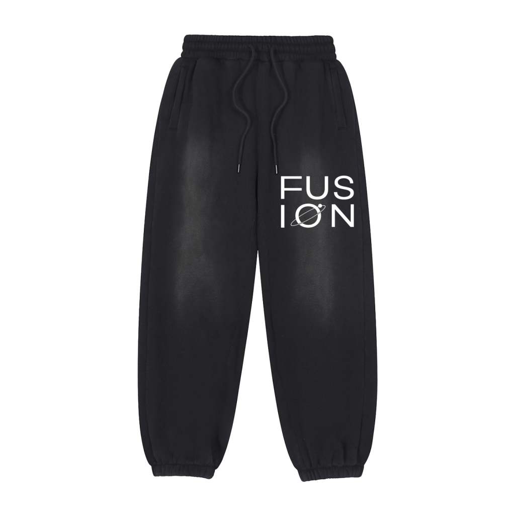 Fusion Fleeced Jogger Sweatpants: black with elastic waistband and cuffs, FUSION in bold white letters (O as a stylized planet) on upper left leg—offering affordable luxury for your everyday style.