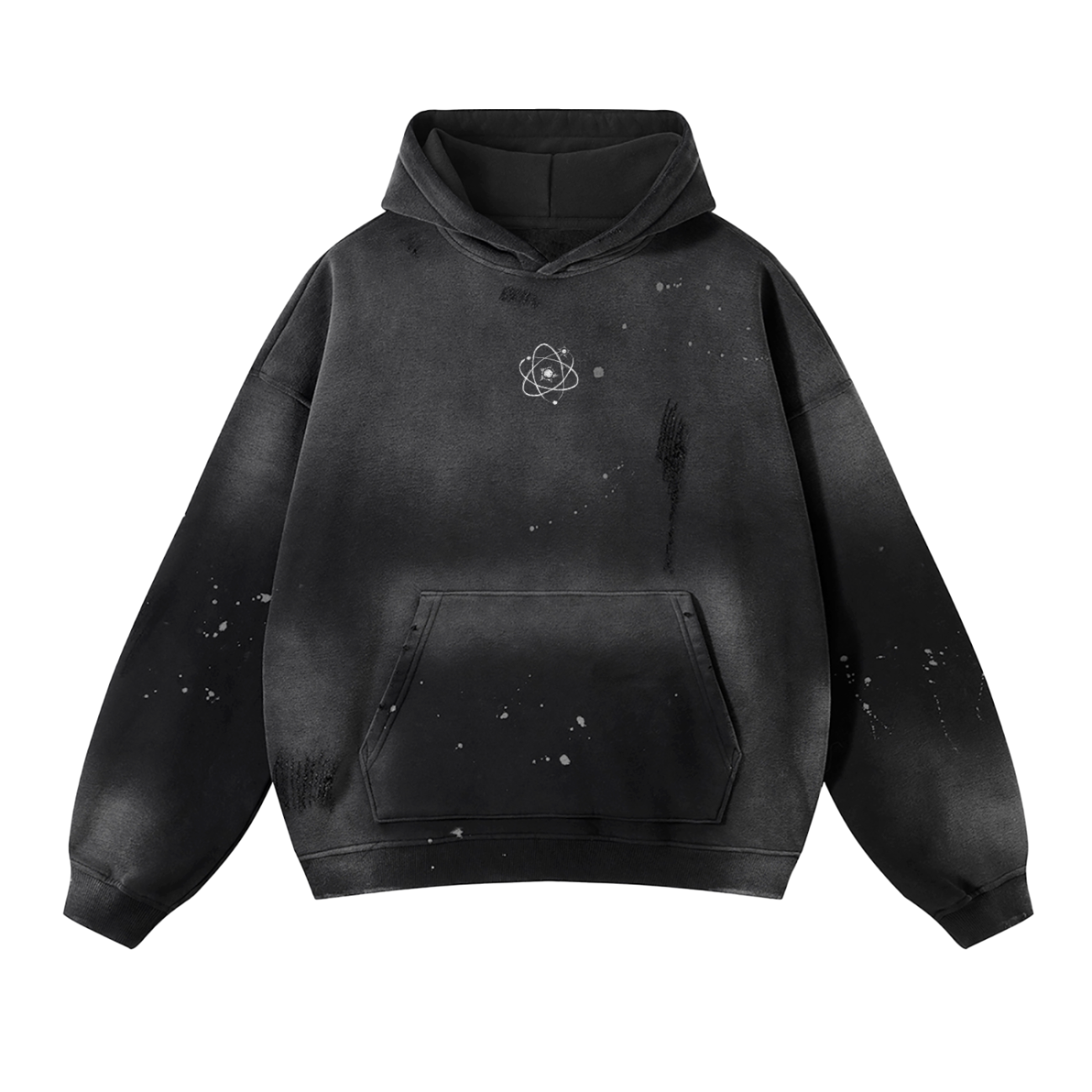 The Fusion Core - Vintage Wash Frayed Fleece Hoodie (360 GSM) features a black, bleached splatter design, a white atom symbol on the left chest, front pocket, and relaxed fit—blending affordable luxury with comfort.