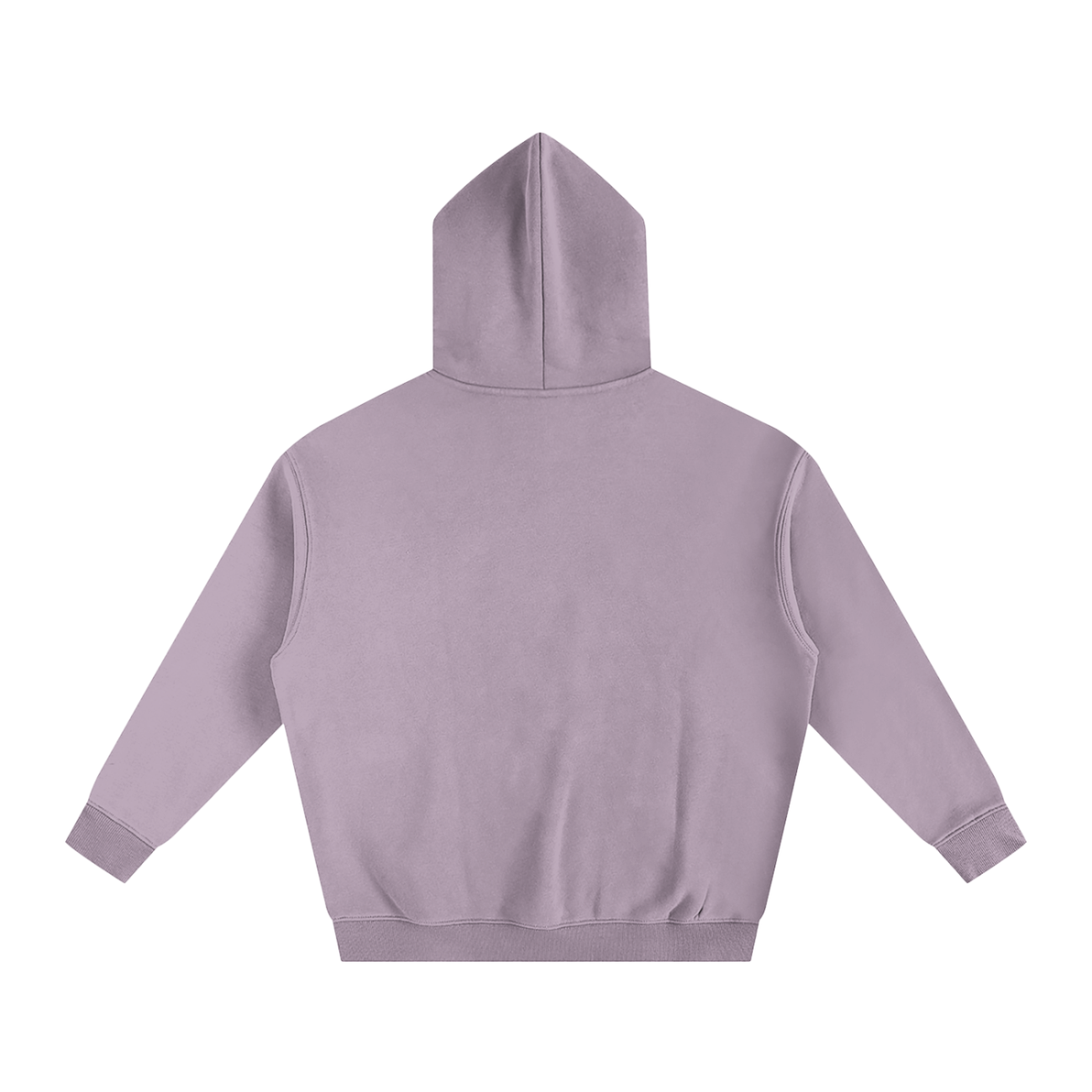 The Light Fusion - Oversize Fleeced Hoodie is shown from the back in lavender, featuring long sleeves, ribbed cuffs and hem, and a plain design—a stylish and affordable choice for understated luxury.
