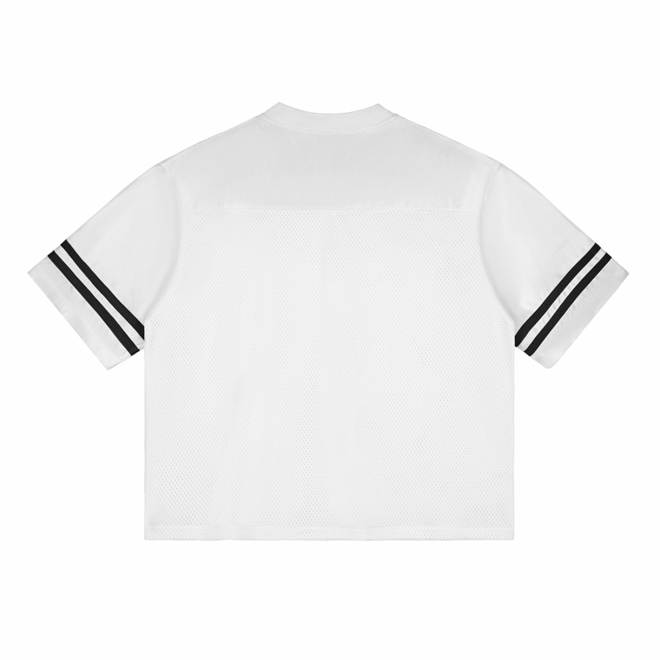 Back view of the Fifteen - light Taped Mesh T-Shirt, an affordable luxury white short-sleeve shirt featuring two black stripes on each sleeve and a mesh-textured lower half, laid flat on a white background.