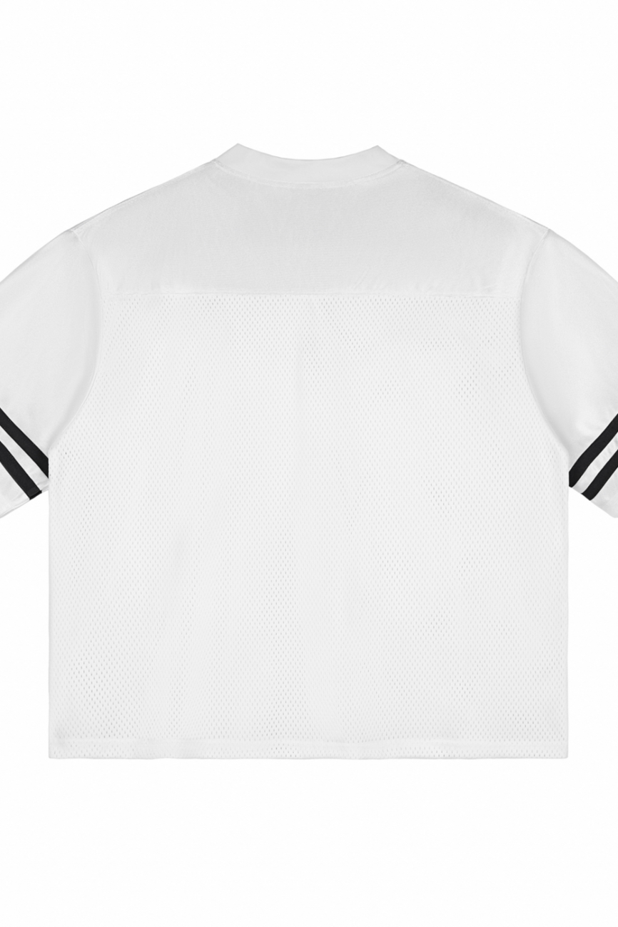 Back view of the Fifteen - light Taped Mesh T-Shirt, an affordable luxury white short-sleeve shirt featuring two black stripes on each sleeve and a mesh-textured lower half, laid flat on a white background.