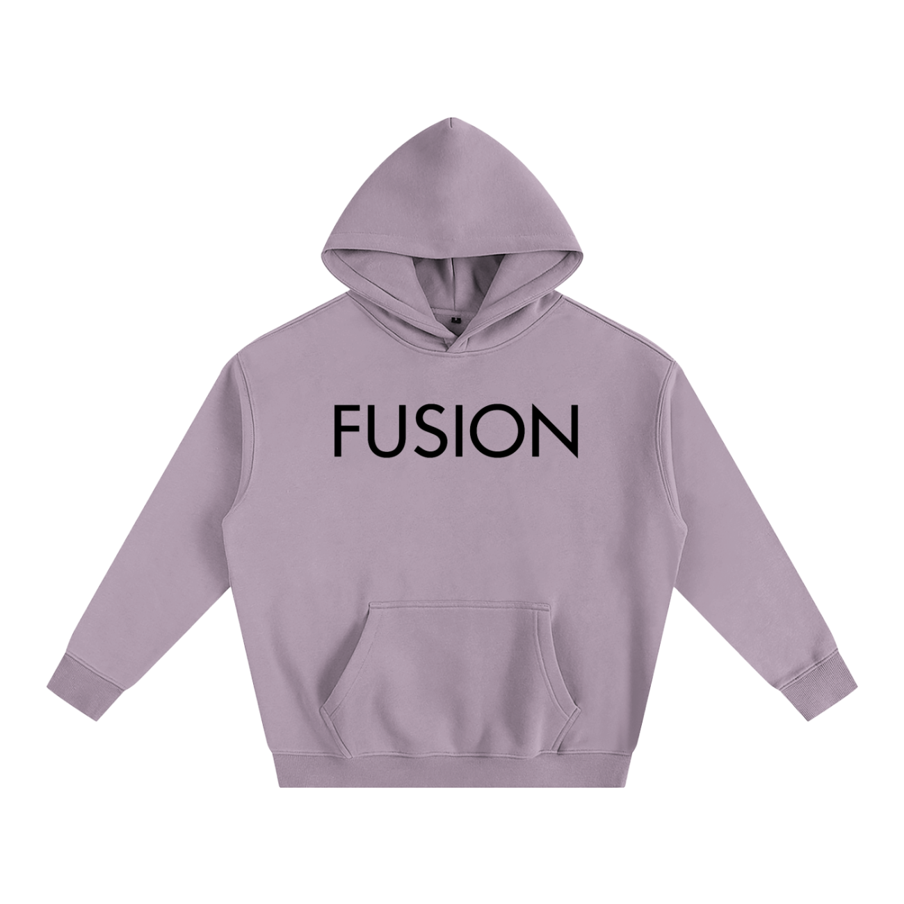 The Light Fusion Oversize Fleeced Hoodie features a front pocket and bold black FUSION lettering across the chest—a stylish yet affordable luxury piece in soft lavender.