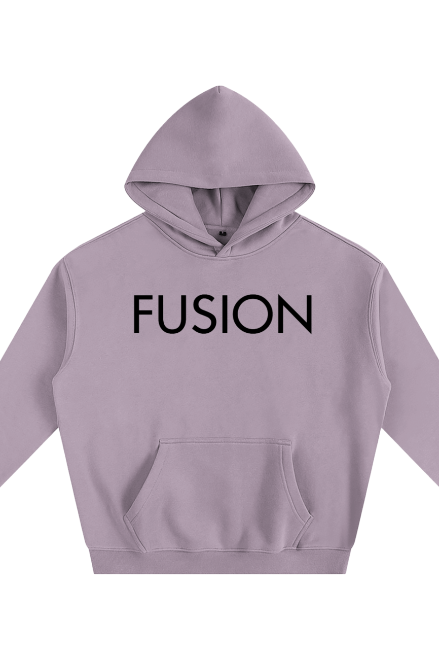 Experience affordable luxury with the Oversize Fleeced Hoodie in lavender, featuring a front pocket, hood, and “FUSION” boldly printed in black across the chest.