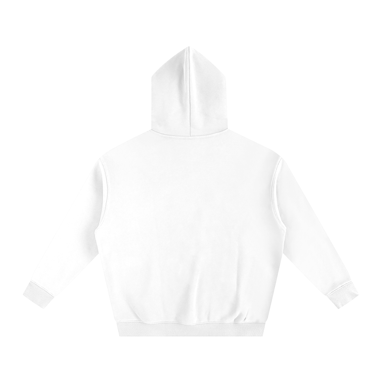 The White Fusion - Oversize Fleeced Hoodie is a plain white, long-sleeve hoodie with ribbed cuffs and hem, shown from the back. No designs or logos—just simple, affordable luxury comfort.