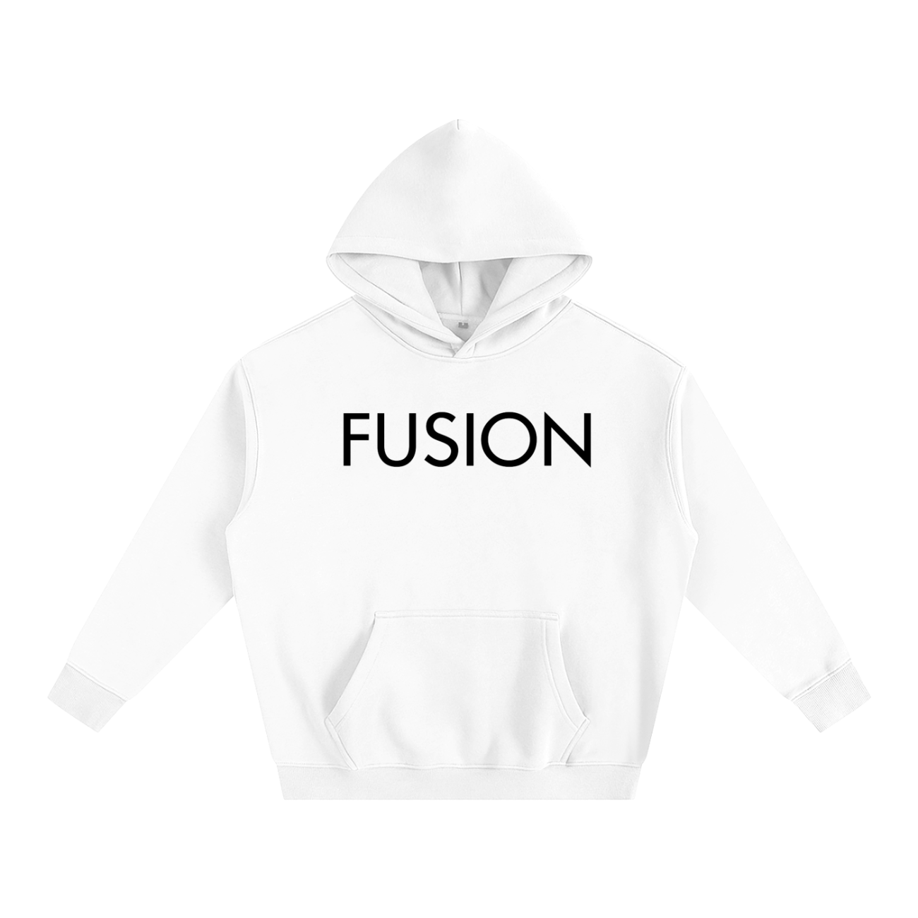 The White Fusion - Oversize Fleeced Hoodie features a front pocket, white color, and FUSION in bold black letters across the chest, delivering casual style and affordable luxury.