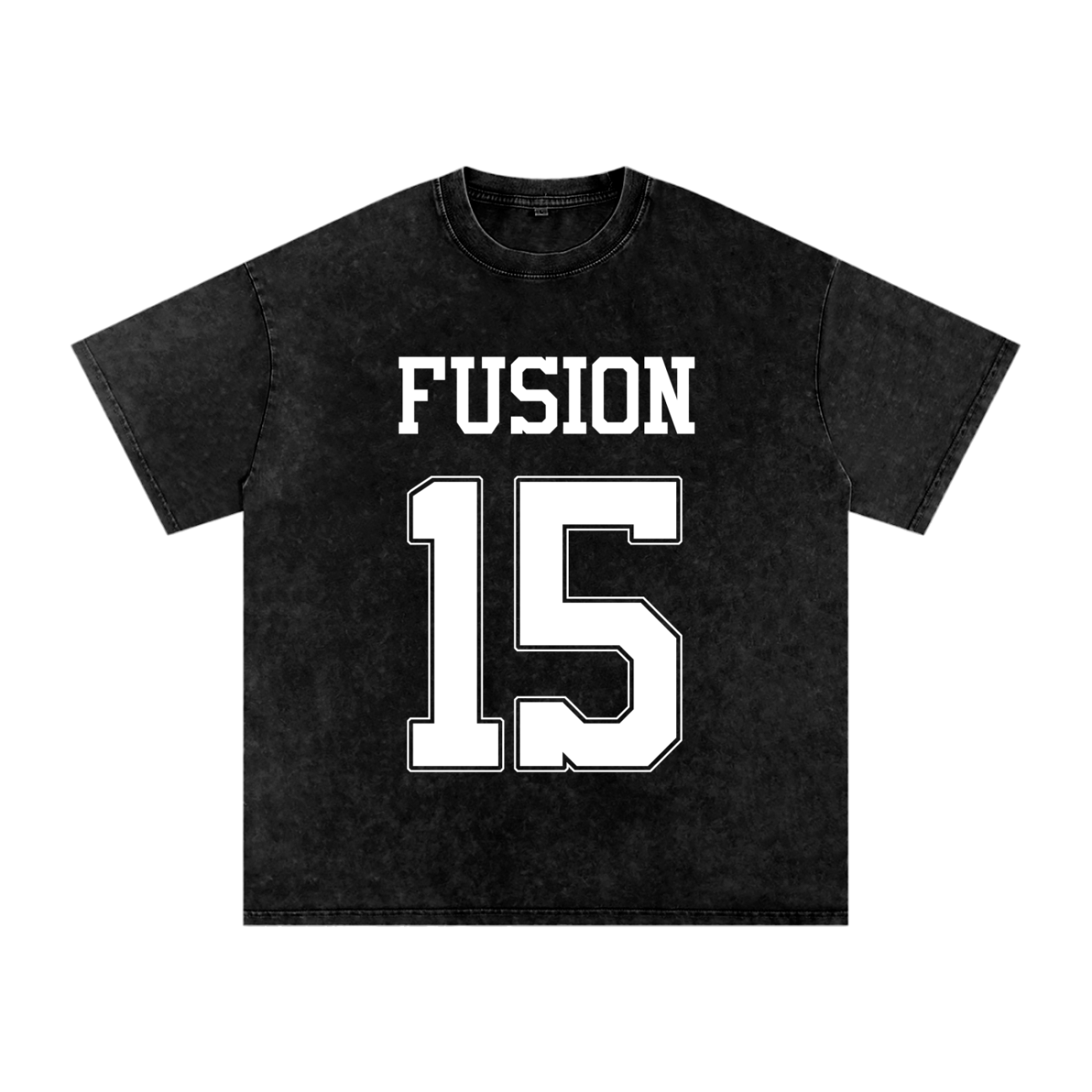 The Fifteen - Acid Wash Oversize T-Shirt (250 GSM) is an affordable luxury option, featuring FUSION and the number 15 boldly printed in large white on a black, short-sleeve oversized design.