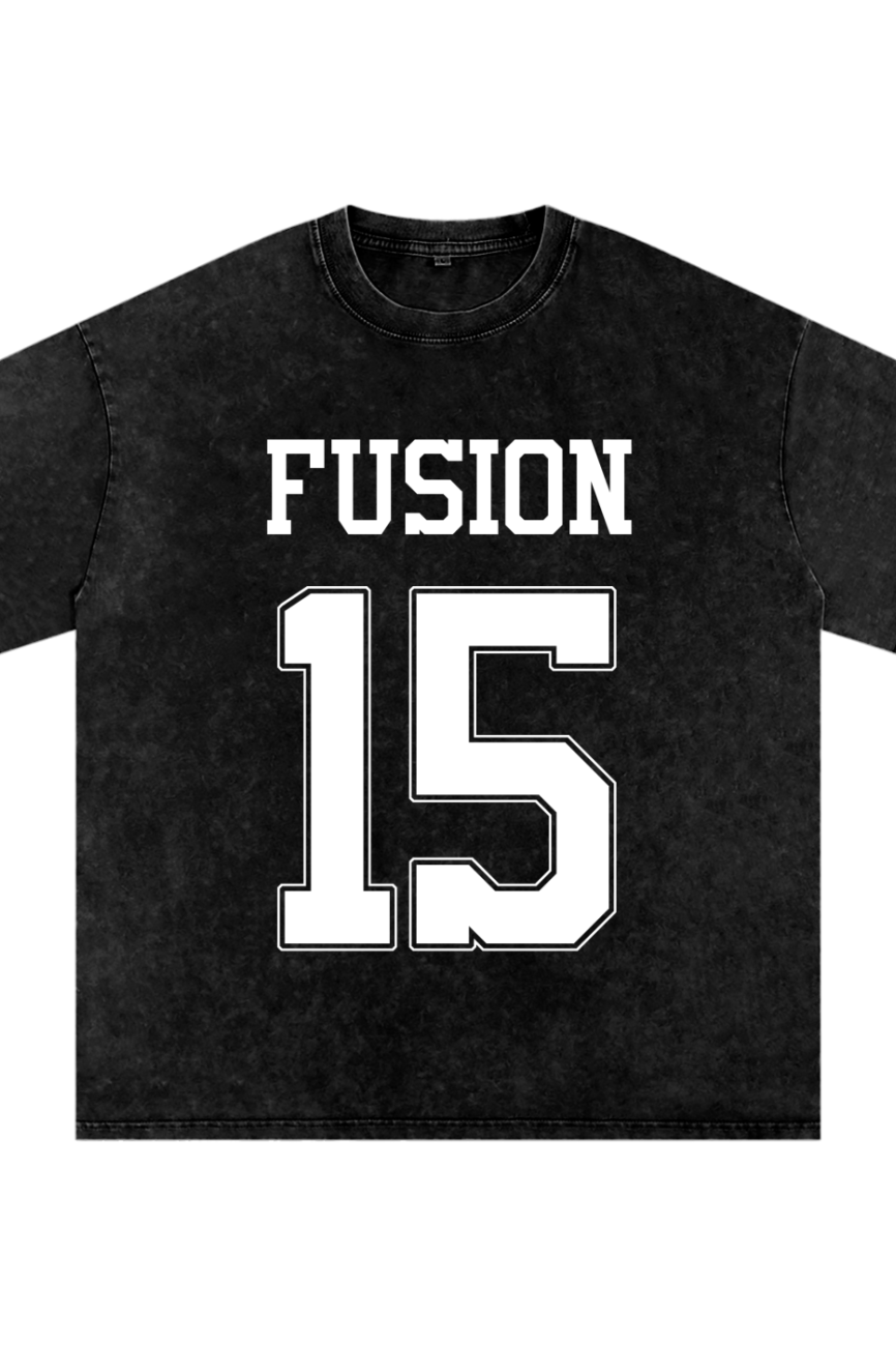 The Fifteen - Acid Wash Oversize T-Shirt (250 GSM) is an affordable luxury option, featuring FUSION and the number 15 boldly printed in large white on a black, short-sleeve oversized design.