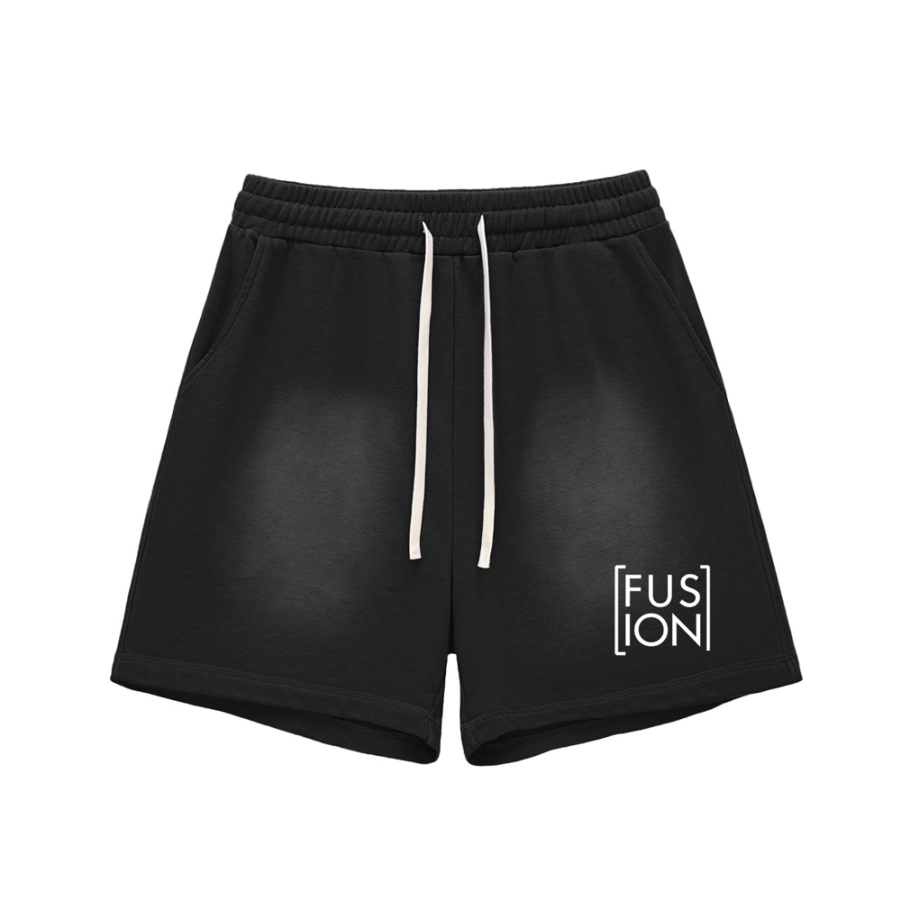 Sun Fade Raw Edge Cotton Shorts: Black shorts with white drawstrings and a white “FUSION” logo on the left leg. Featuring an elastic waistband and relaxed fit, they add affordable luxury to your everyday activewear.