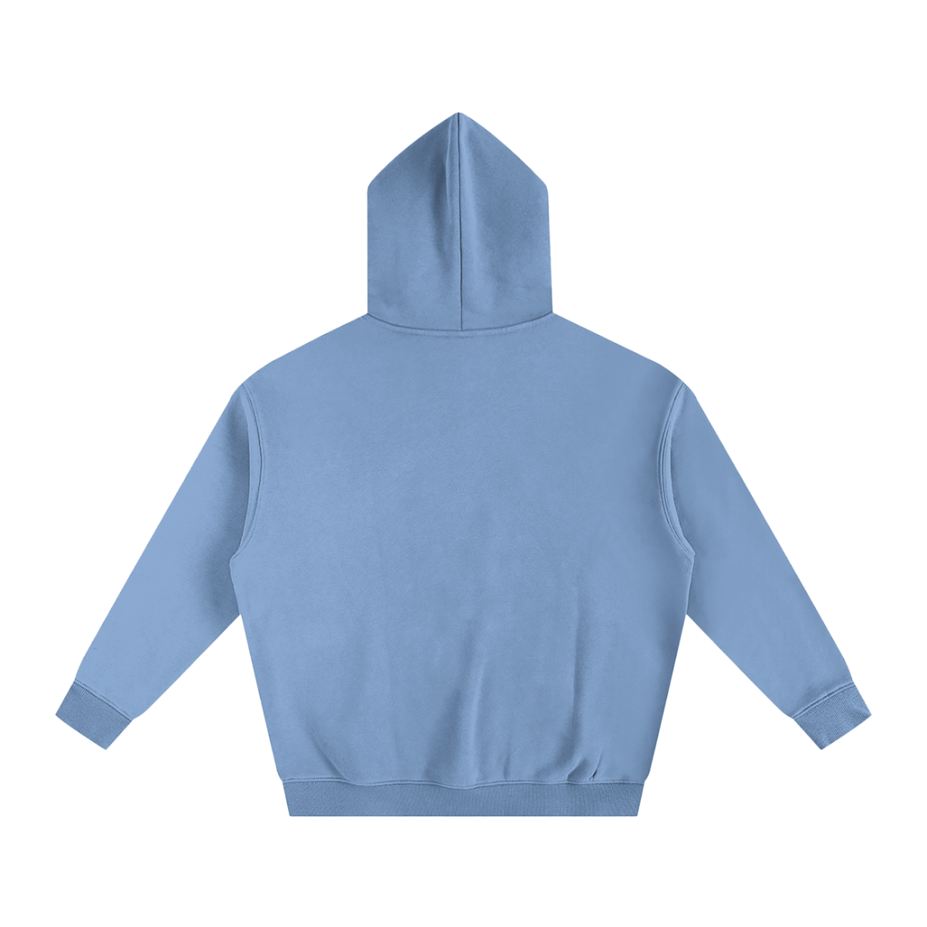 The Oversize Fleeced Hoodie is shown in light blue from the back, hood up and sleeves spread out. It offers affordable luxury with a clean, logo-free design for a modern minimalist look.