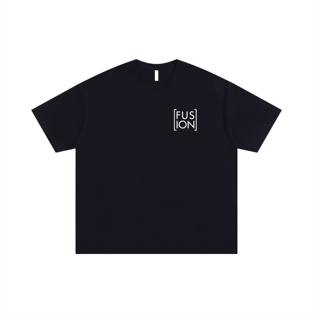 The Fusion Oversized T-shirt from our Affordable Luxury Clothing line is black, featuring FUS above ION in white, both inside a slim rectangle on the upper left chest.