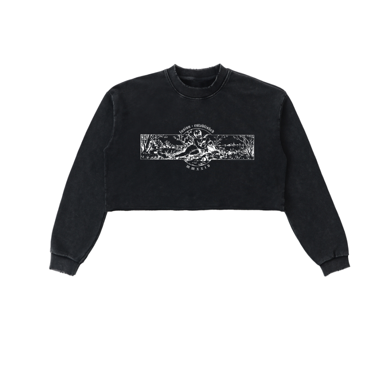 The Womens Snow Washed Raw Edge Cropped Sweatshirt is a black top with a white graphic landscape and text, offering unique, affordable luxury style for those who love standout cropped sweatshirts.