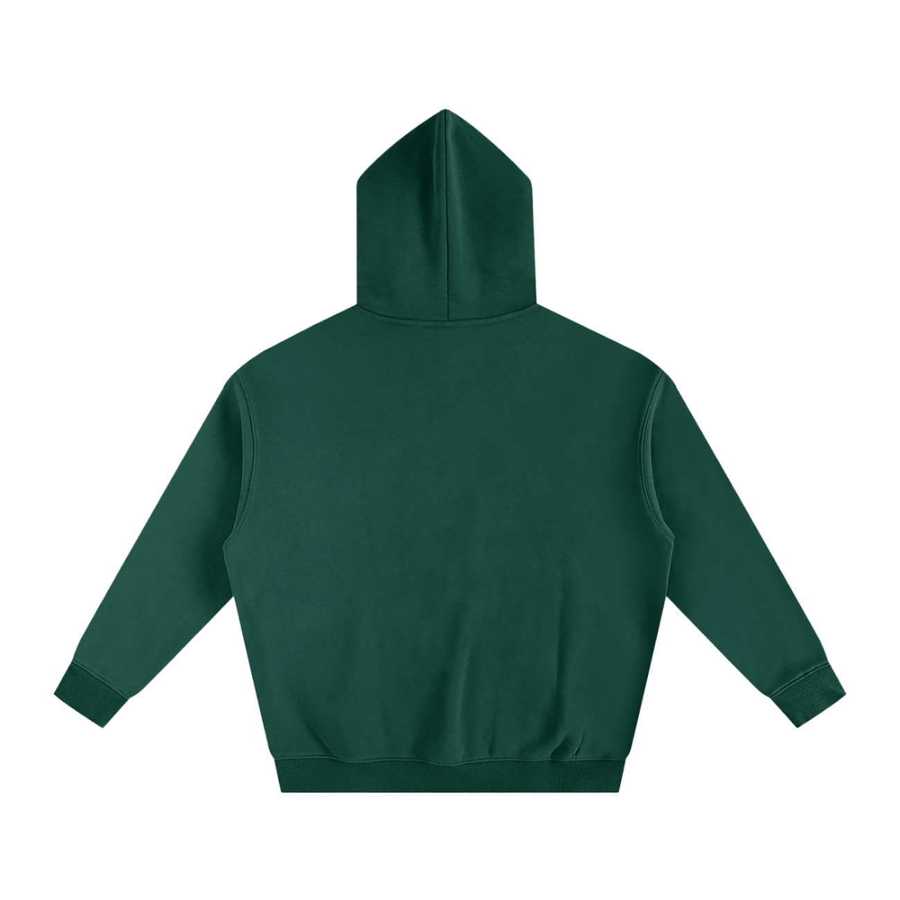 The Dark Fusion - Oversize Fleeced Hoodie is shown from the back in dark green, with long sleeves and ribbed cuffs and hem, offering affordable luxury style against a white background.