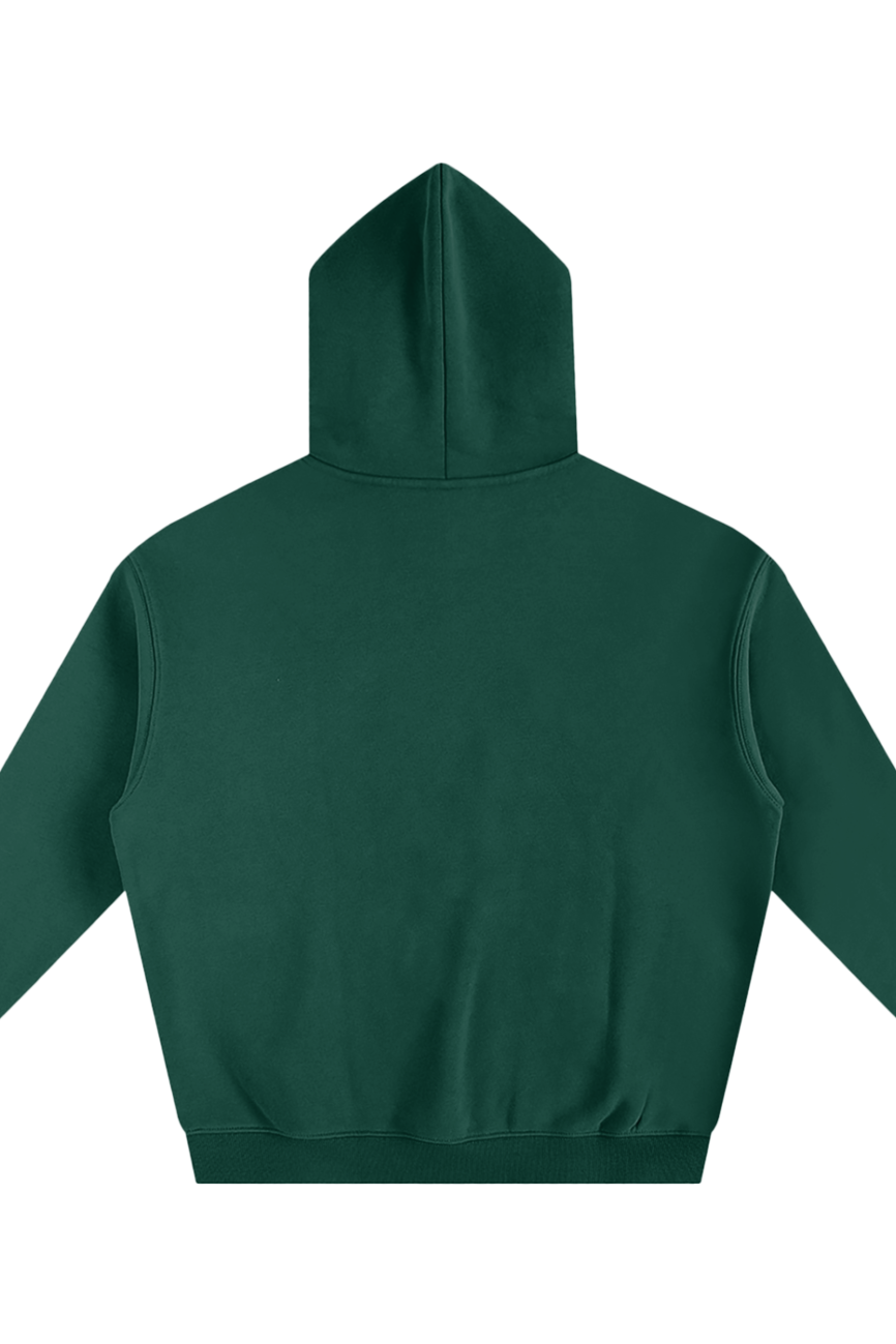 The Dark Fusion - Oversize Fleeced Hoodie is shown from the back in dark green, with long sleeves and ribbed cuffs and hem, offering affordable luxury style against a white background.
