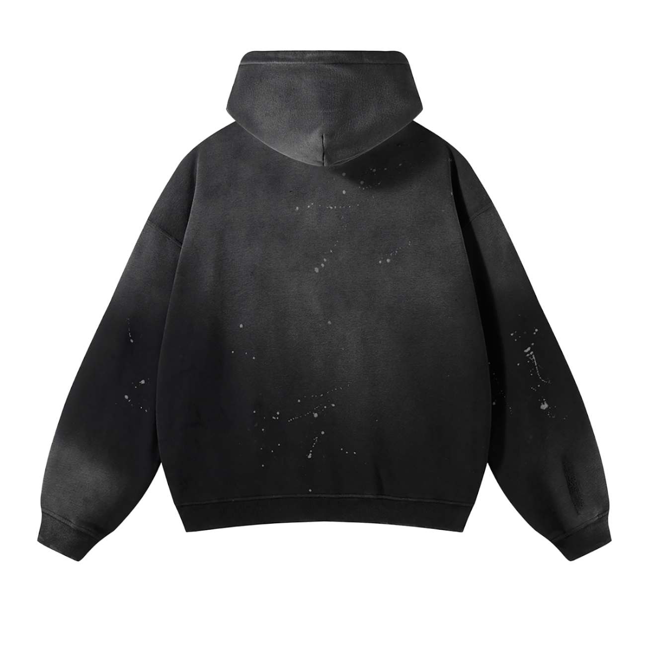 The Fusion Core - Vintage Wash Frayed Fleece Hoodie (360 GSM) is a black, loose-fit hoodie shown from the back with white paint splatters on the fabric—perfect for those seeking distinctive, affordable luxury.