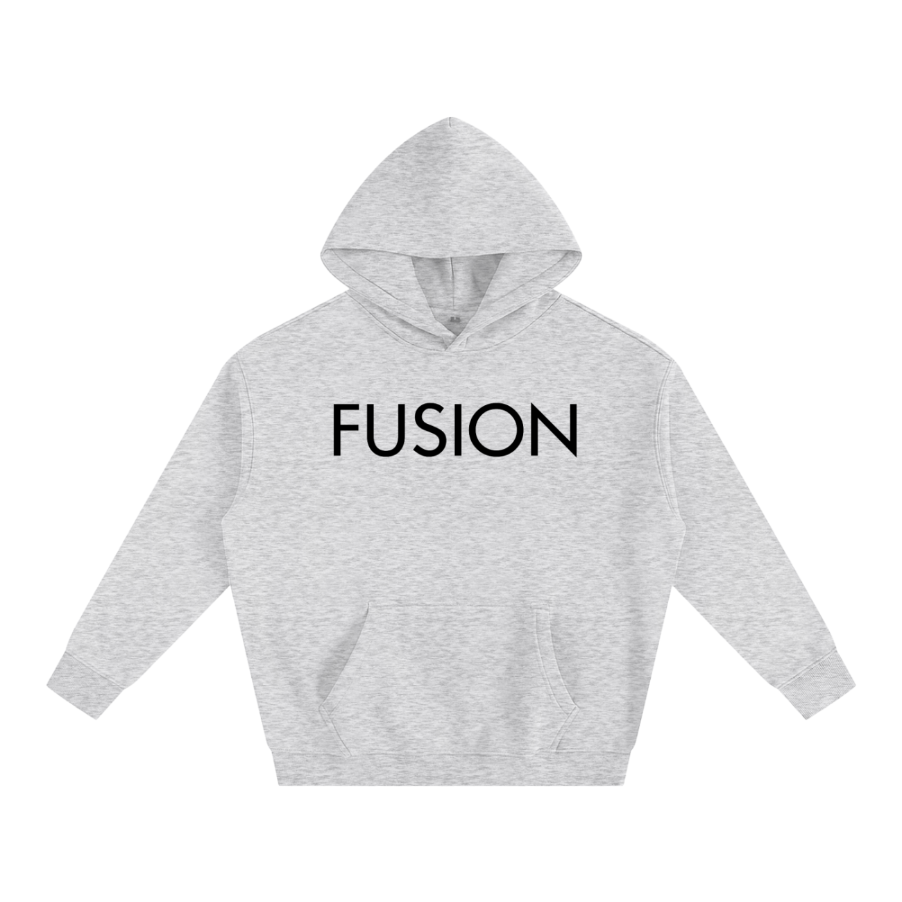 Stay cozy in the Light Fusion - Oversize Fleeced Hoodie, a light gray sweatshirt with FUSION boldly printed in black across the chest. Enjoy everyday style with its roomy fit, front pocket, and long sleeves—affordable luxury at its best.