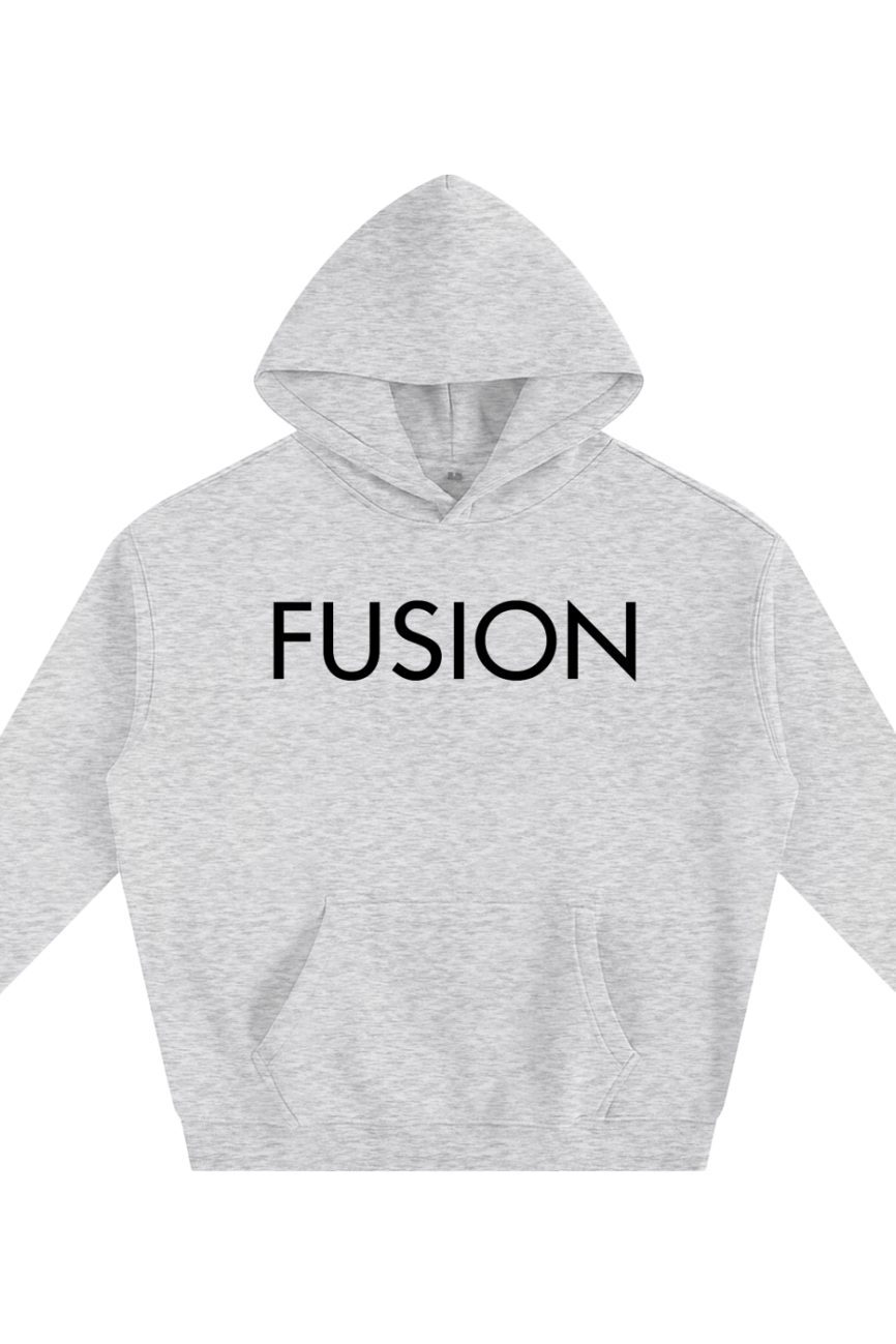 Stay cozy in the Light Fusion - Oversize Fleeced Hoodie, a light gray sweatshirt with FUSION boldly printed in black across the chest. Enjoy everyday style with its roomy fit, front pocket, and long sleeves—affordable luxury at its best.