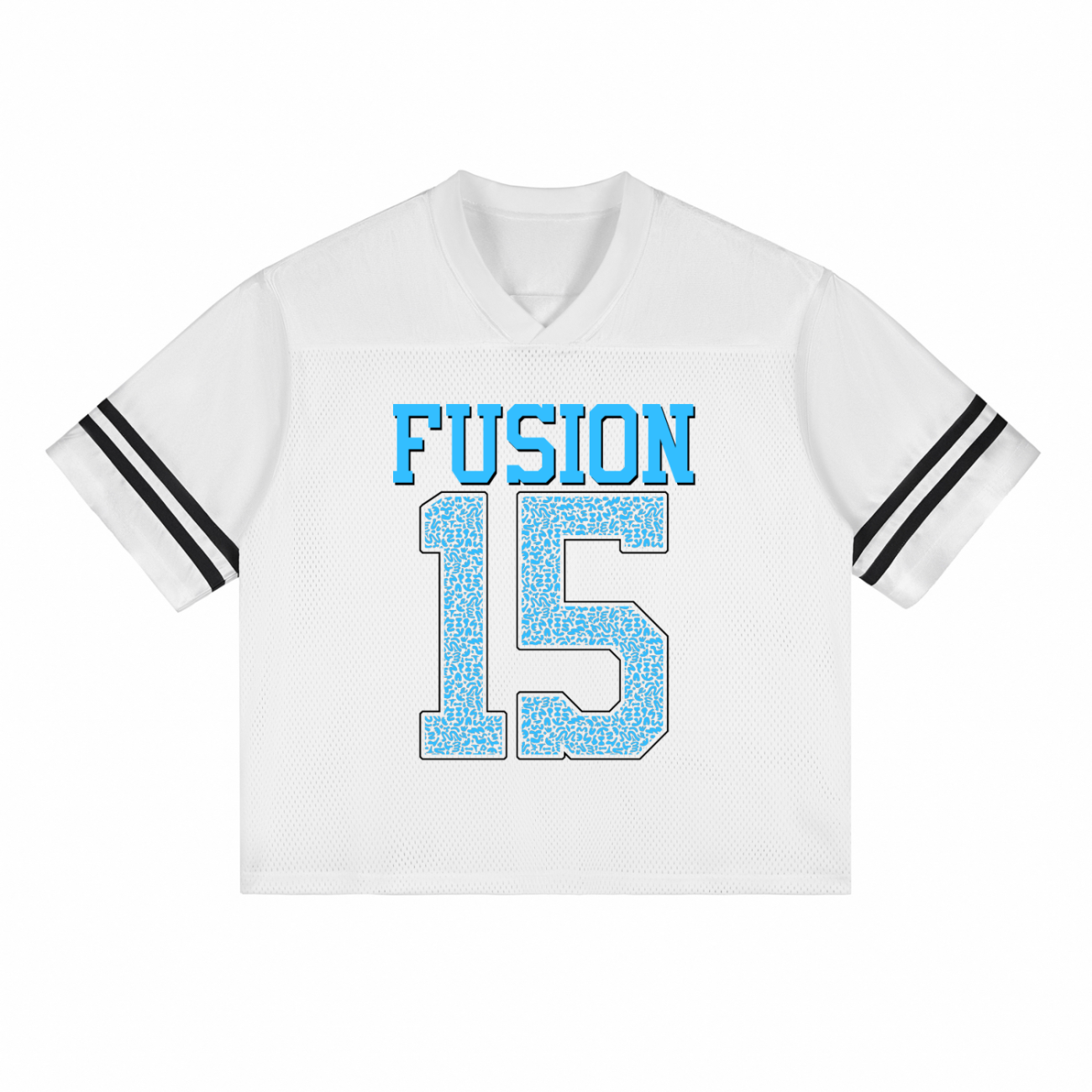 The Fifteen - light Taped Mesh T-Shirt is a white sports jersey featuring black sleeve stripes, “FUSION” in blue, and a patterned blue number “15”—delivering the essence of affordable luxury.