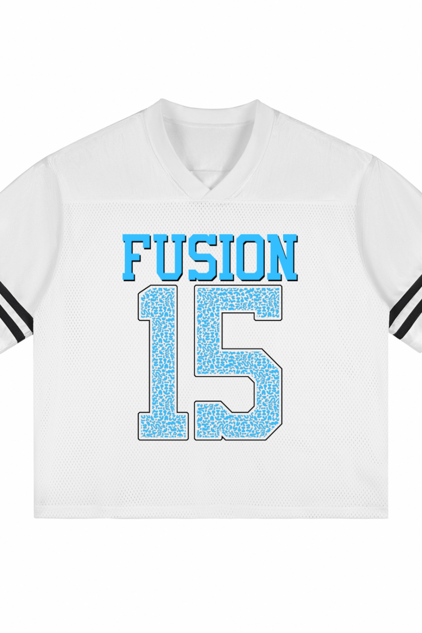 The Fifteen - light Taped Mesh T-Shirt is a white sports jersey featuring black sleeve stripes, “FUSION” in blue, and a patterned blue number “15”—delivering the essence of affordable luxury.