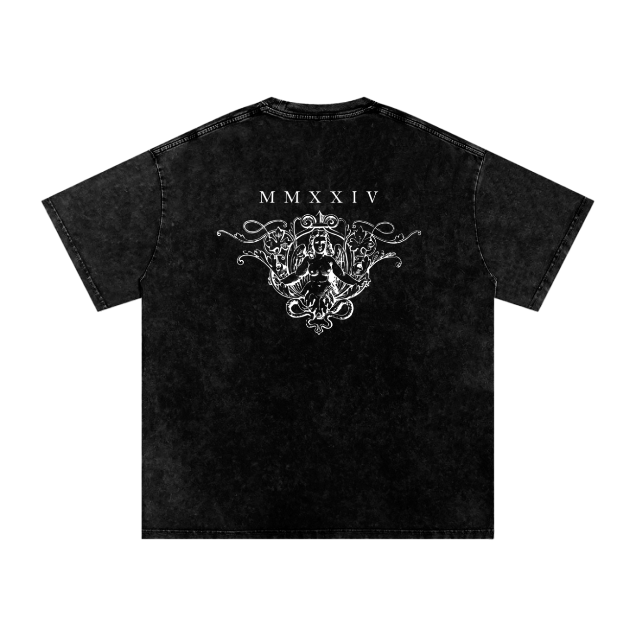 The Acid Wash Oversize T-Shirt - 250 GSM from our Affordable Luxury Clothing line is a black tee featuring a white intricate graphic of a woman with ornate designs on the back and MMXXIV Roman numerals above the artwork.