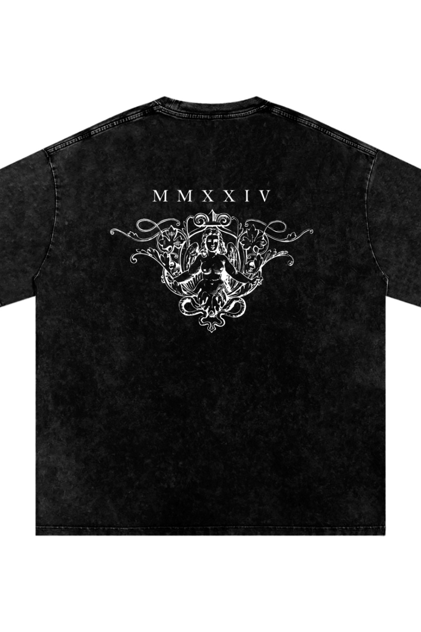 The Acid Wash Oversize T-Shirt - 250 GSM from our Affordable Luxury Clothing line is a black tee featuring a white intricate graphic of a woman with ornate designs on the back and MMXXIV Roman numerals above the artwork.