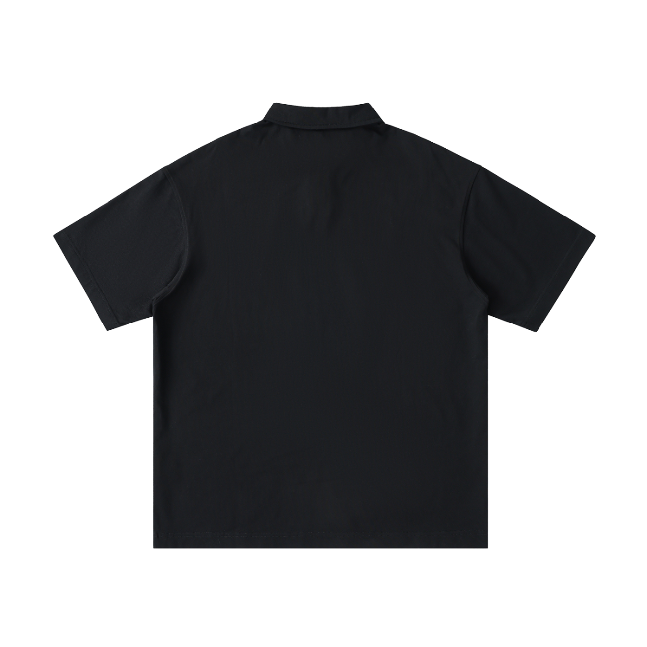 The Fusion Loose Cotton Short-Sleeve Polo Shirt, an affordable luxury piece in plain black, is shown from the back on a white background, featuring a simple collar with no visible patterns or logos.