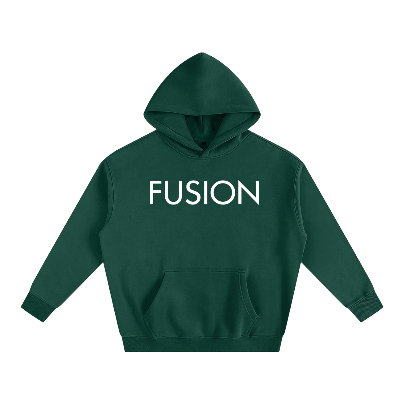 The Dark Fusion - Oversize Fleeced Hoodie features a dark green design with FUSION in bold white letters on the chest, a cozy front pocket, long sleeves, and delivers stylish comfort for your everyday wardrobe.