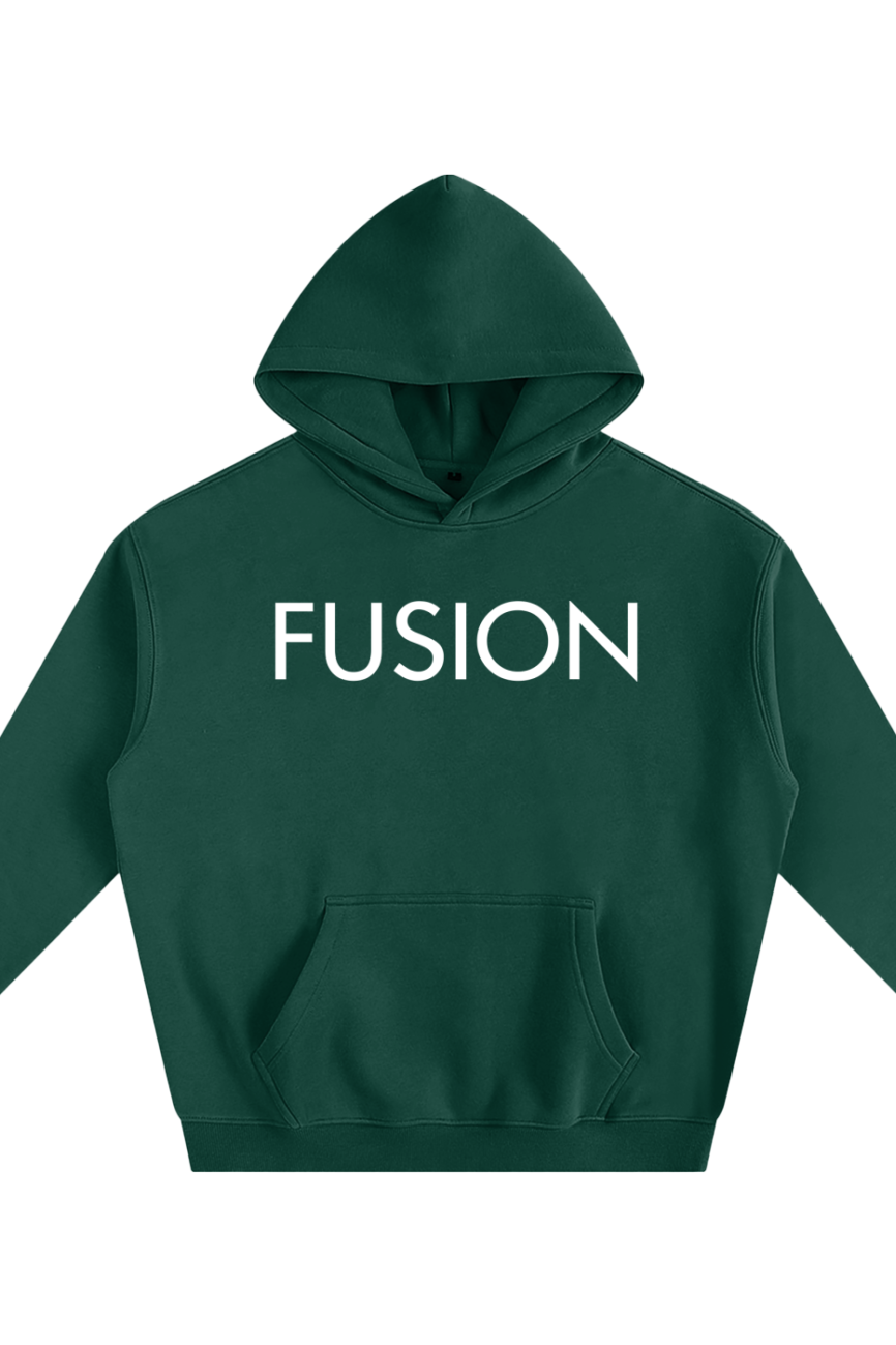 The Dark Fusion - Oversize Fleeced Hoodie features a dark green design with FUSION in bold white letters on the chest, a cozy front pocket, long sleeves, and delivers stylish comfort for your everyday wardrobe.