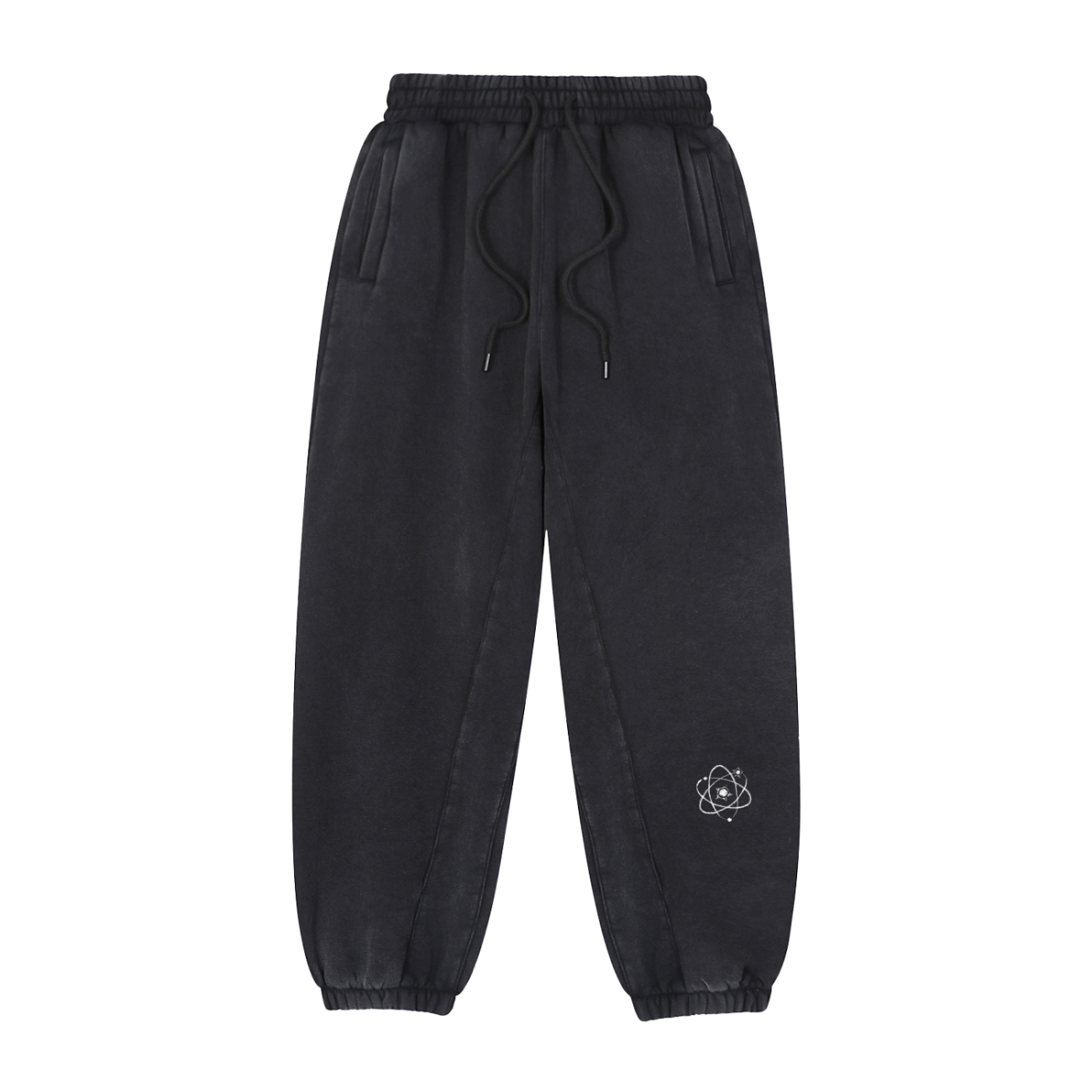 The Fusion Core -Fleeced Jogger Sweatpants feature an elastic waistband with a drawstring, side pockets, and elastic cuffs. A small white atom graphic on the left thigh adds a stylish touch. Shown on a plain white background.