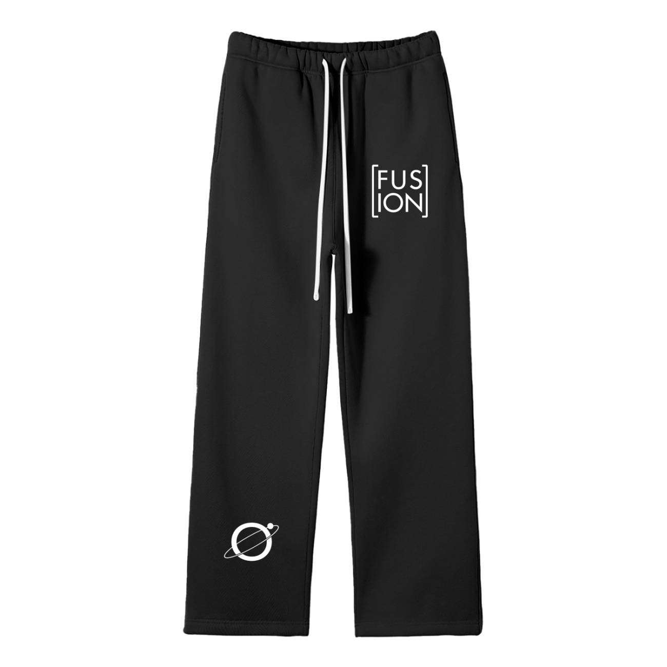 Fusion Streetwear Unisex Solid Color Fleece Straight Leg Pants—black with white drawstrings, FUSION in a box on the left thigh, and a small white ringed planet with a heart on the left ankle—affordable luxury for everyday wear.