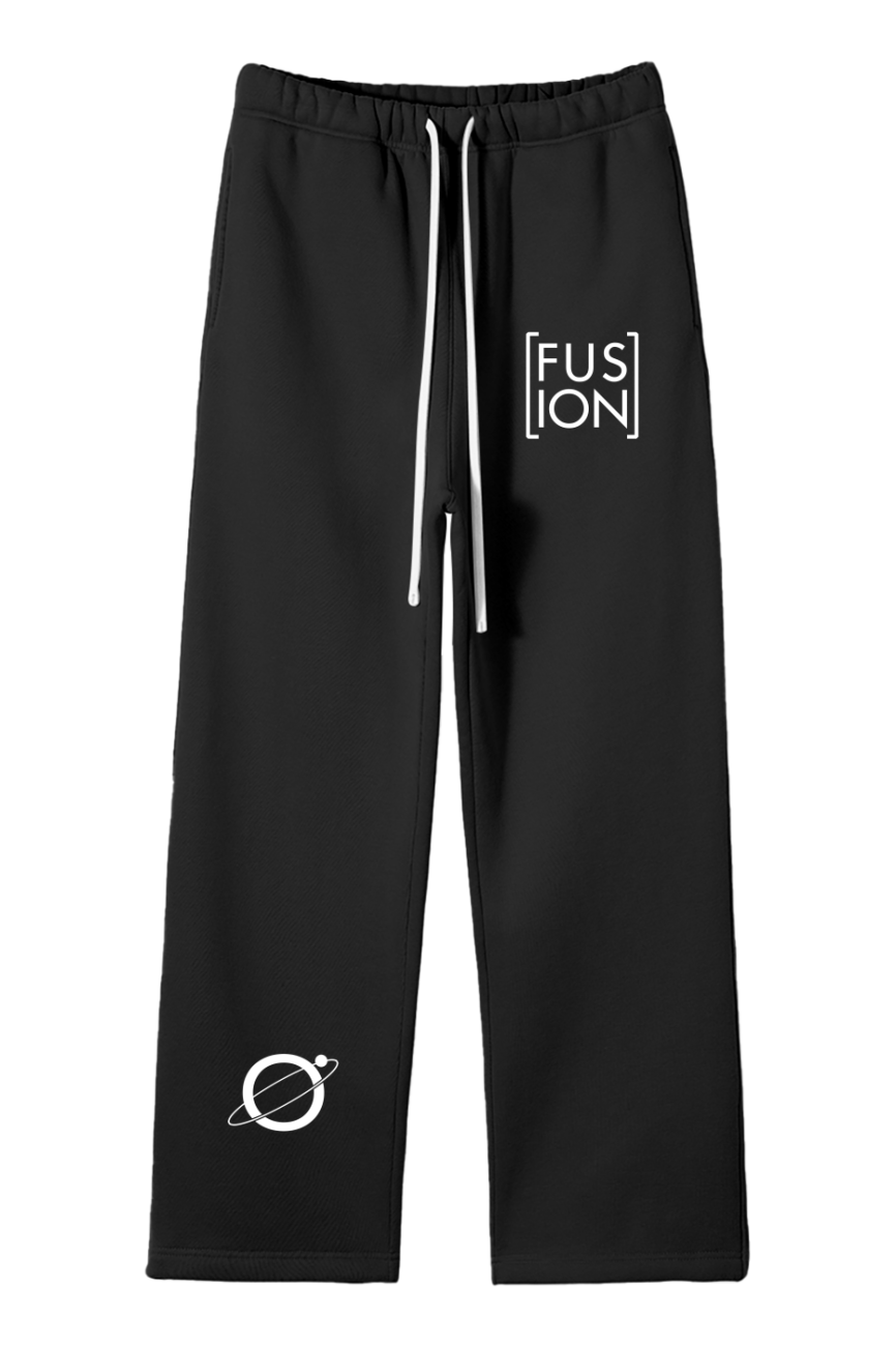 Fusion Streetwear Unisex Solid Color Fleece Straight Leg Pants—black with white drawstrings, FUSION in a box on the left thigh, and a small white ringed planet with a heart on the left ankle—affordable luxury for everyday wear.