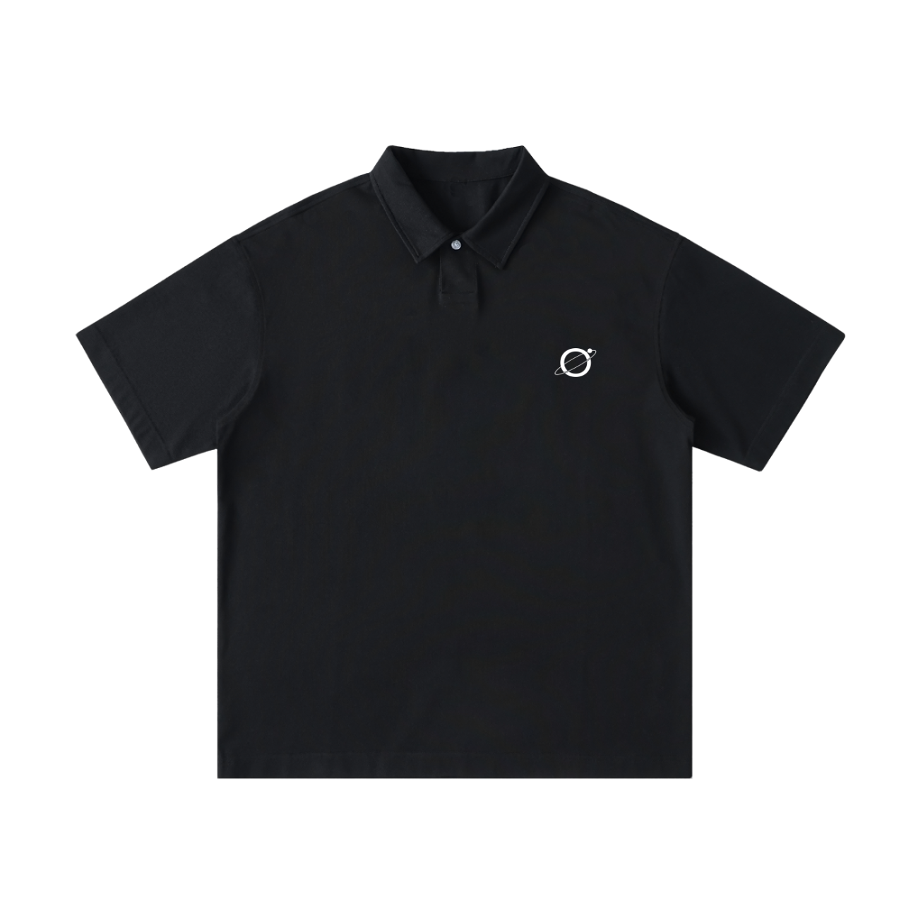 The Fusion Loose Cotton Short-Sleeve Polo Shirt is a black polo with a collar, two buttons, and a white embroidered planet design on the chest—perfect for those who appreciate affordable luxury fashion.