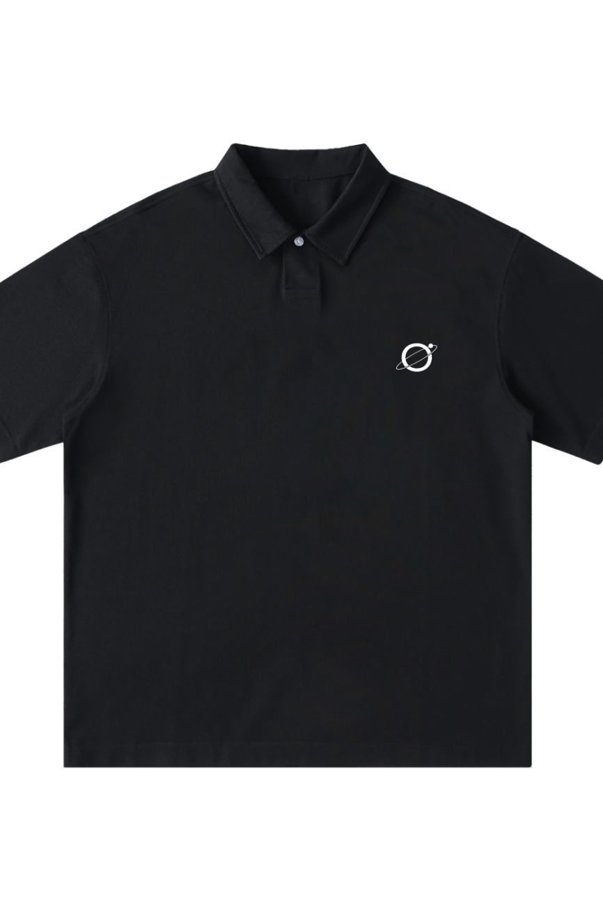 The Fusion Loose Cotton Short-Sleeve Polo Shirt is a black polo with a collar, two buttons, and a white embroidered planet design on the chest—perfect for those who appreciate affordable luxury fashion.
