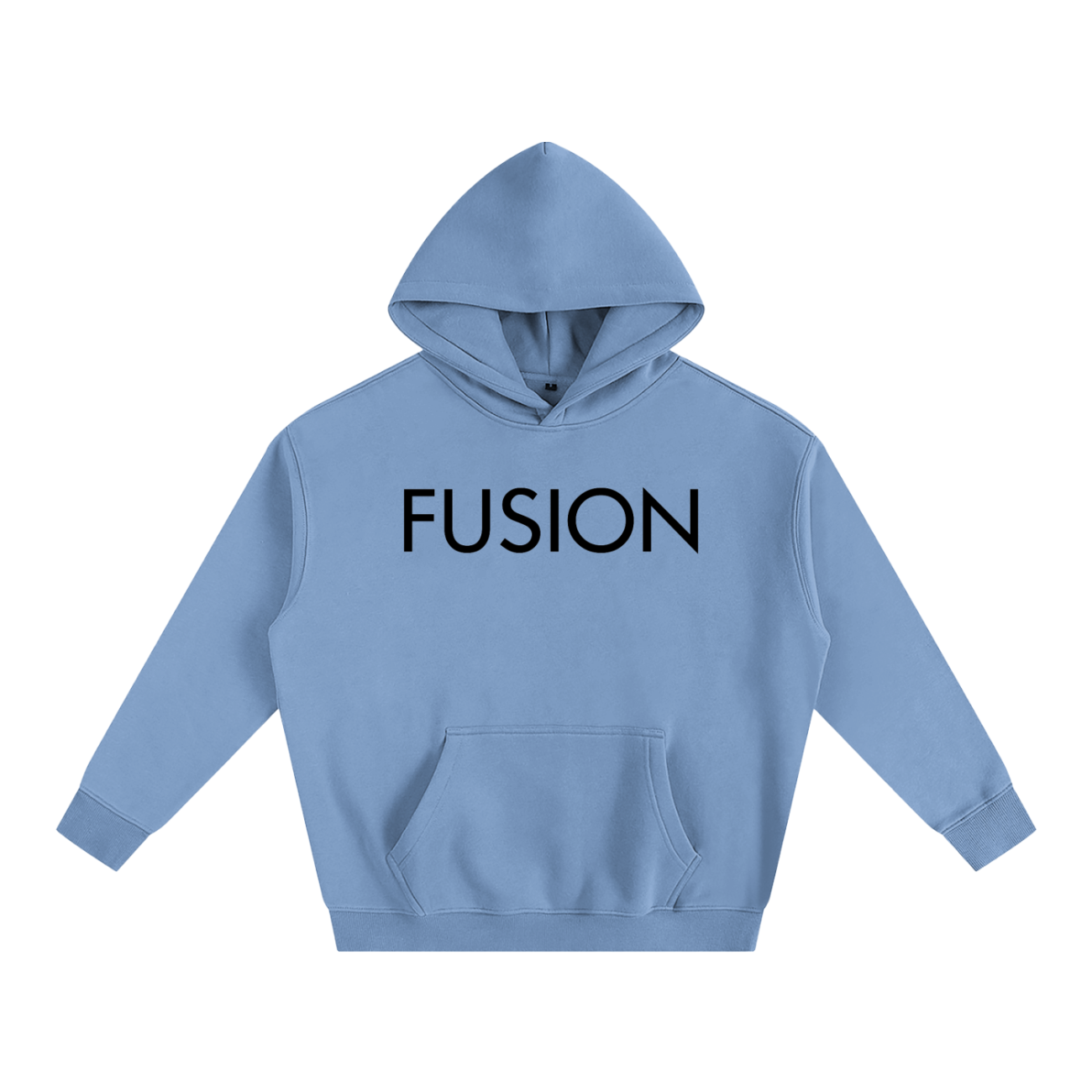 The Light Fusion - Oversize Fleeced Hoodie features a light blue color, bold black FUSION lettering across the chest, a front pocket, and delivers affordable luxury for everyday style.