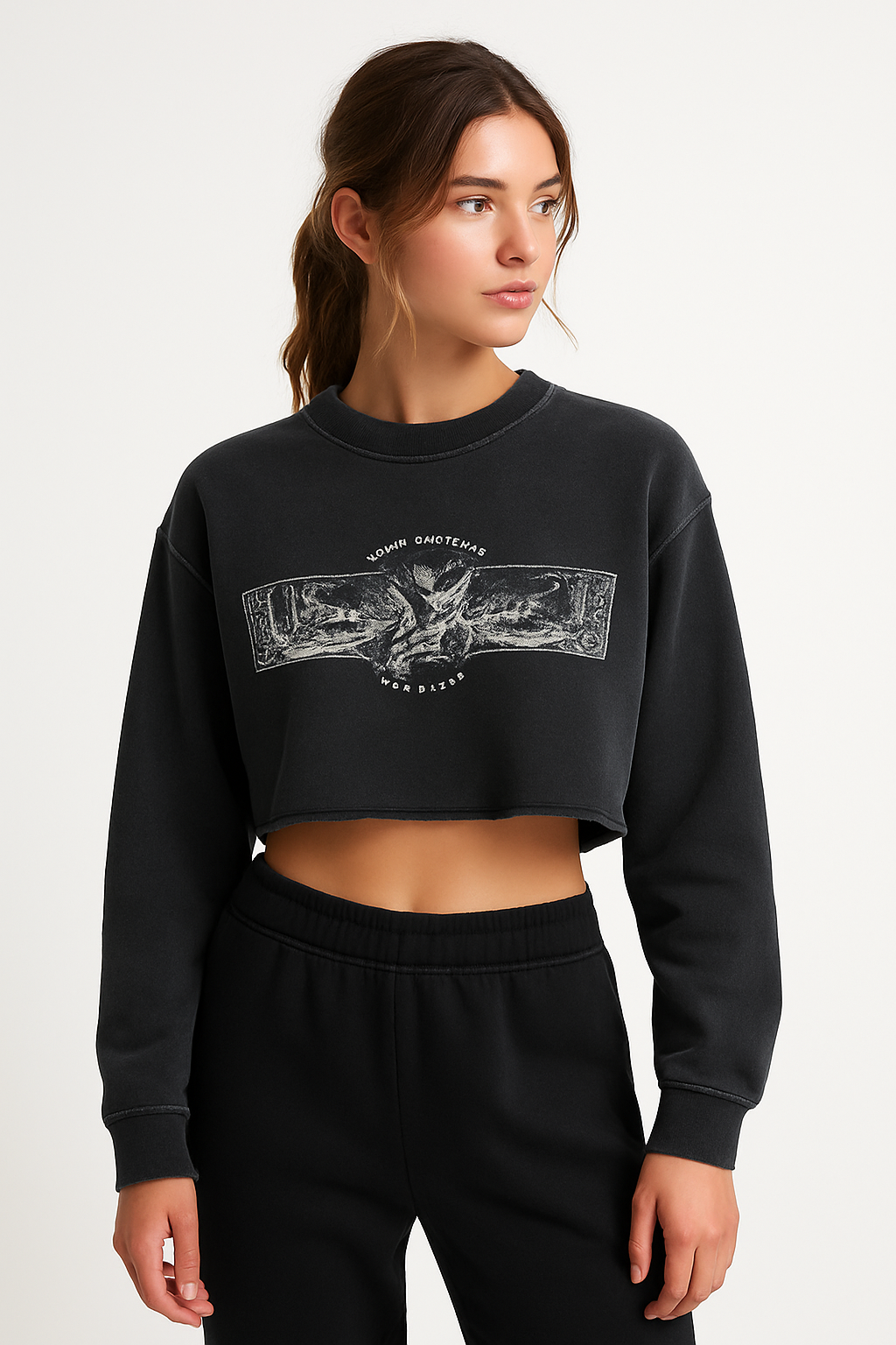 Womens Snow Washed Raw Edge Cropped Sweatshirt