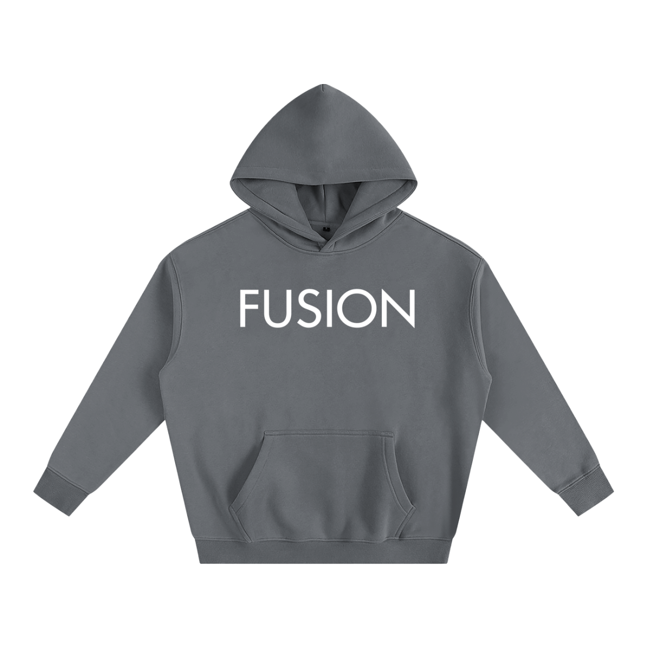 The Dark Fusion - Oversize Fleeced Hoodie features FUSION in bold white letters across the chest, a front pocket, and long sleeves for a stylish, comfortable fit—an affordable luxury you’ll love.