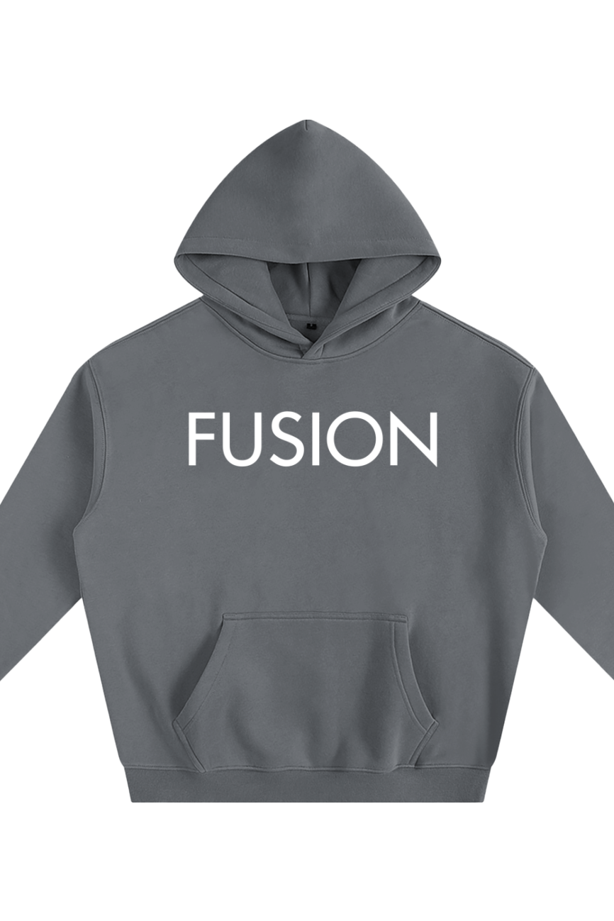 The Dark Fusion - Oversize Fleeced Hoodie features FUSION in bold white letters across the chest, a front pocket, and long sleeves for a stylish, comfortable fit—an affordable luxury you’ll love.