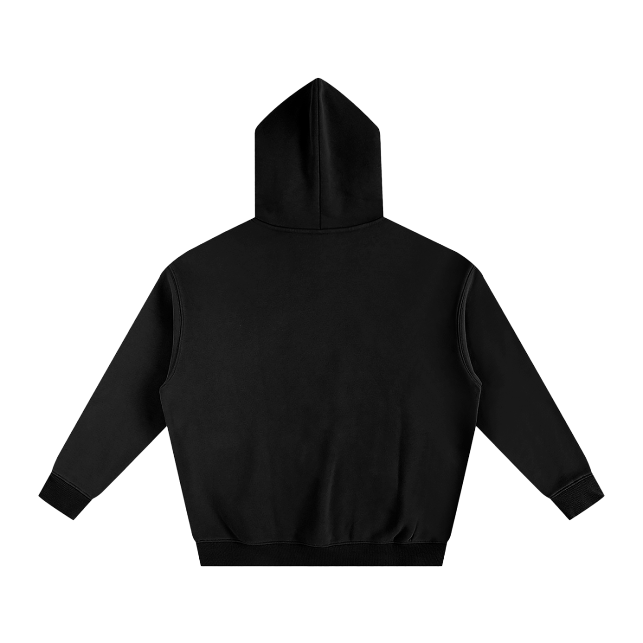 Back view of the Dark Fusion - Oversize Fleeced Hoodie in black with long sleeves, laid flat on a white background—an essential from our Affordable Luxury Clothing collection.