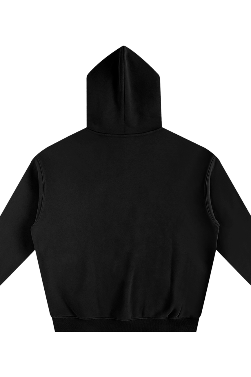 Back view of the Dark Fusion - Oversize Fleeced Hoodie in black with long sleeves, laid flat on a white background—an essential from our Affordable Luxury Clothing collection.