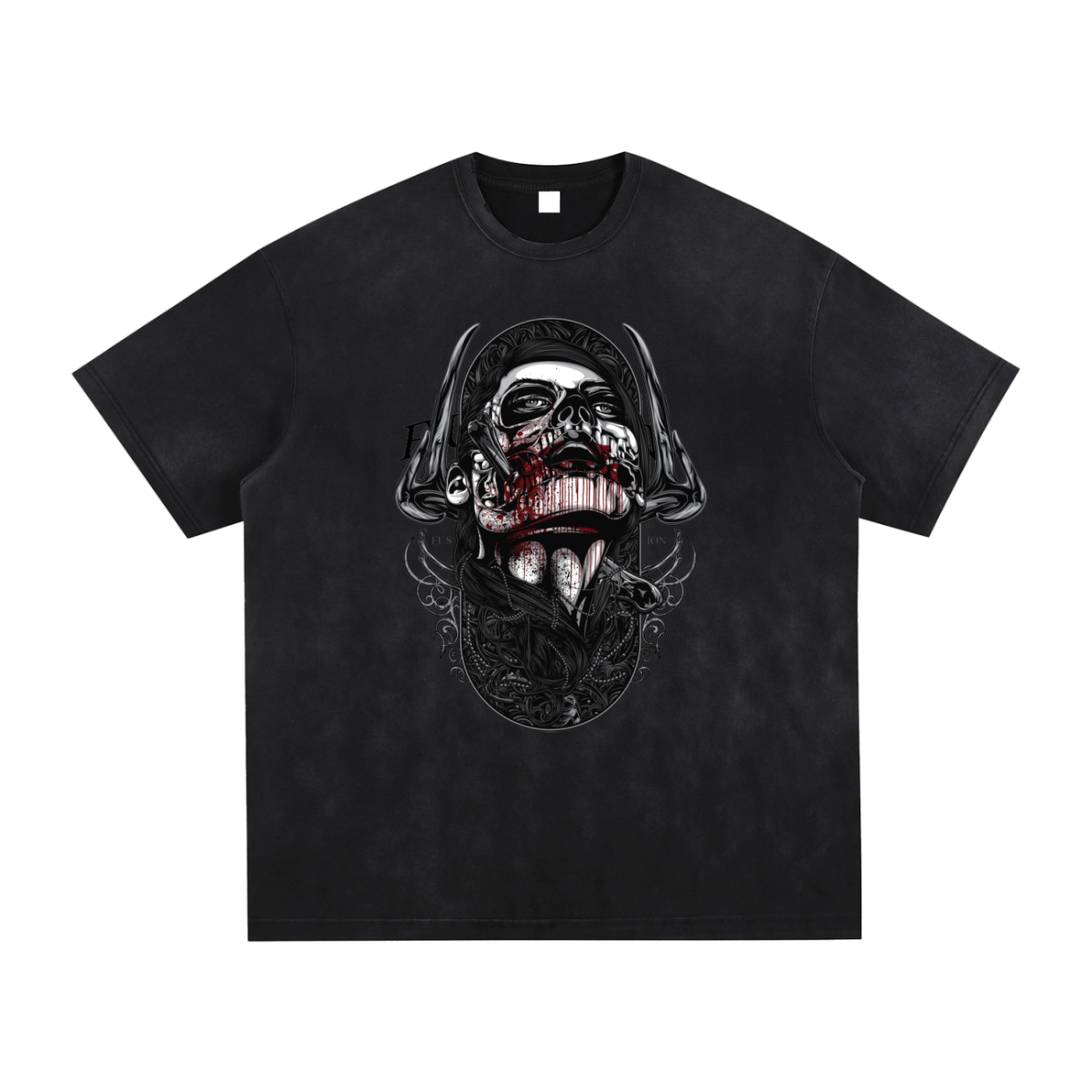 The Victim - Vintage Washed Hand-Frayed T-Shirt features a dark gothic face with exposed teeth and muscles, ornate patterns, and horn-like details—delivering intense visuals in an affordable luxury style.