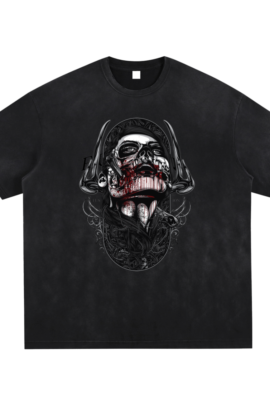 The Victim - Vintage Washed Hand-Frayed T-Shirt features a dark gothic face with exposed teeth and muscles, ornate patterns, and horn-like details—delivering intense visuals in an affordable luxury style.