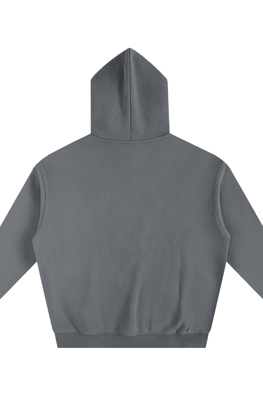 The Dark Fusion - Oversize Fleeced Hoodie is displayed from the back in dark gray with long sleeves and no front pocket, offering a soft, comfortable look that captures affordable luxury style against a white background.