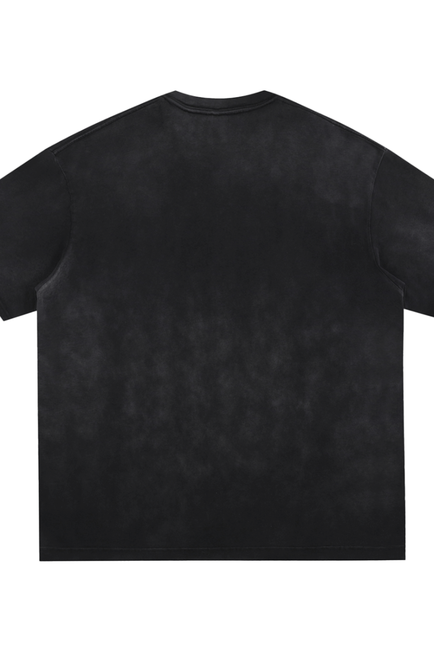 The Fusion Atom - Vintage Washed Hand-Frayed T-Shirt is laid flat, back side up, displaying its minimalist style with no visible logos or designs—perfect for anyone seeking affordable luxury essentials.