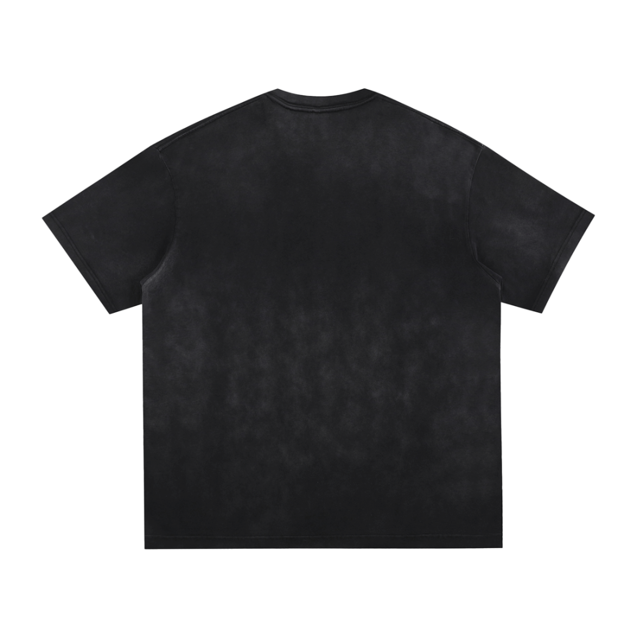 The Victim Vintage Washed Hand-Frayed T-Shirt, in plain black with short sleeves and a subtle washed texture, is laid flat and viewed from the back—capturing affordable luxury in an effortlessly casual style.