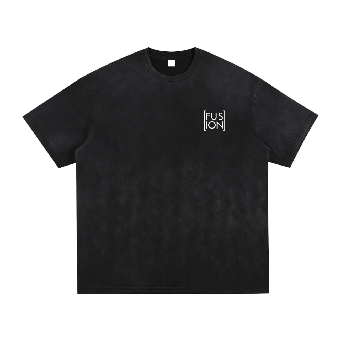 The Fusion Vintage Washed Hand-Frayed T-Shirt is a black oversized crew neck with a small white [FUSION] logo on the upper left chest, offering simple, minimalistic style and affordable luxury for a stylish everyday look.