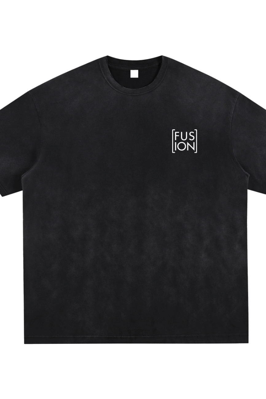 The Fusion Vintage Washed Hand-Frayed T-Shirt is a black oversized crew neck with a small white [FUSION] logo on the upper left chest, offering simple, minimalistic style and affordable luxury for a stylish everyday look.