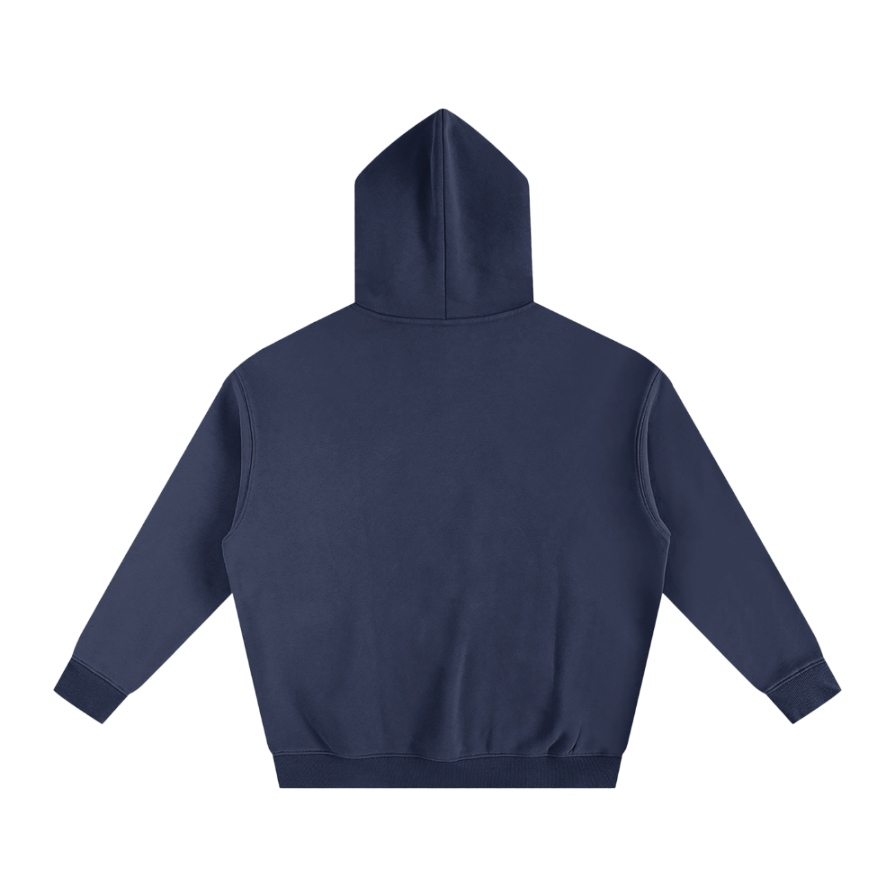 Dark Fusion - Oversize Fleeced Hoodie in navy blue displayed from the back on a white background; sleeves extended, highlighting affordable luxury with a clean, logo-free design.