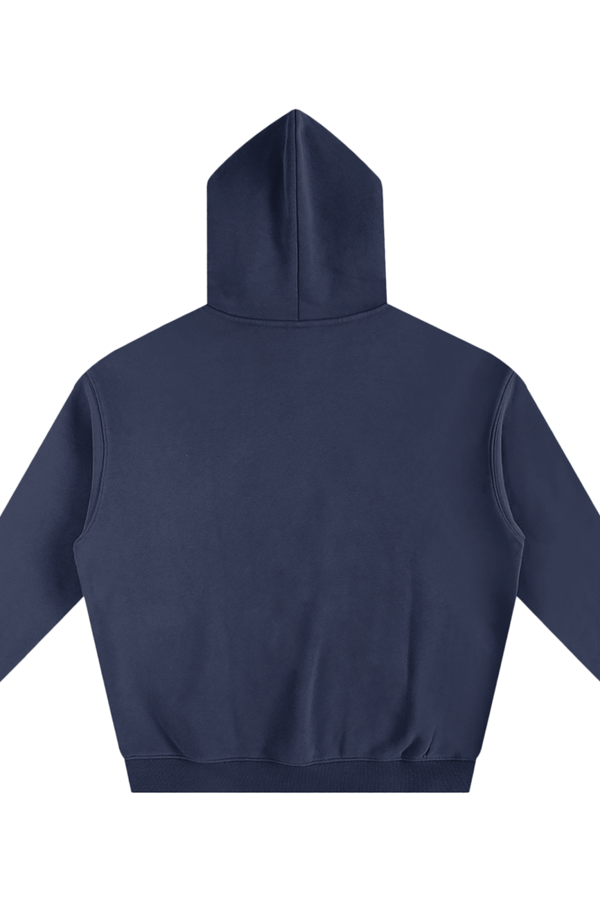 Dark Fusion - Oversize Fleeced Hoodie in navy blue displayed from the back on a white background; sleeves extended, highlighting affordable luxury with a clean, logo-free design.