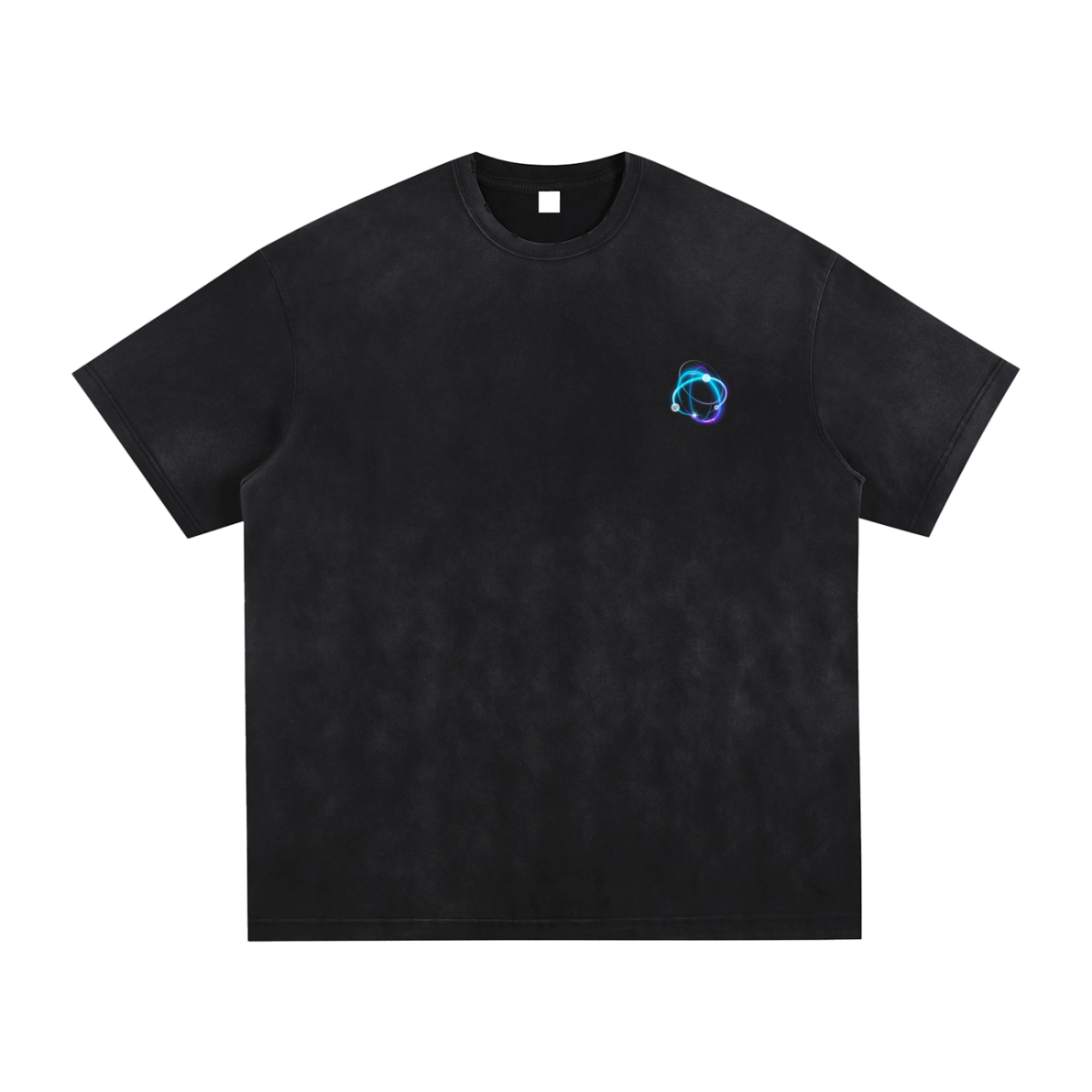 The Fusion Atom - Vintage Washed Hand-Frayed T-Shirt features a glowing blue and purple abstract logo on the left chest, paired with a black crew neck and short sleeves for an effortlessly stylish, affordable luxury look.