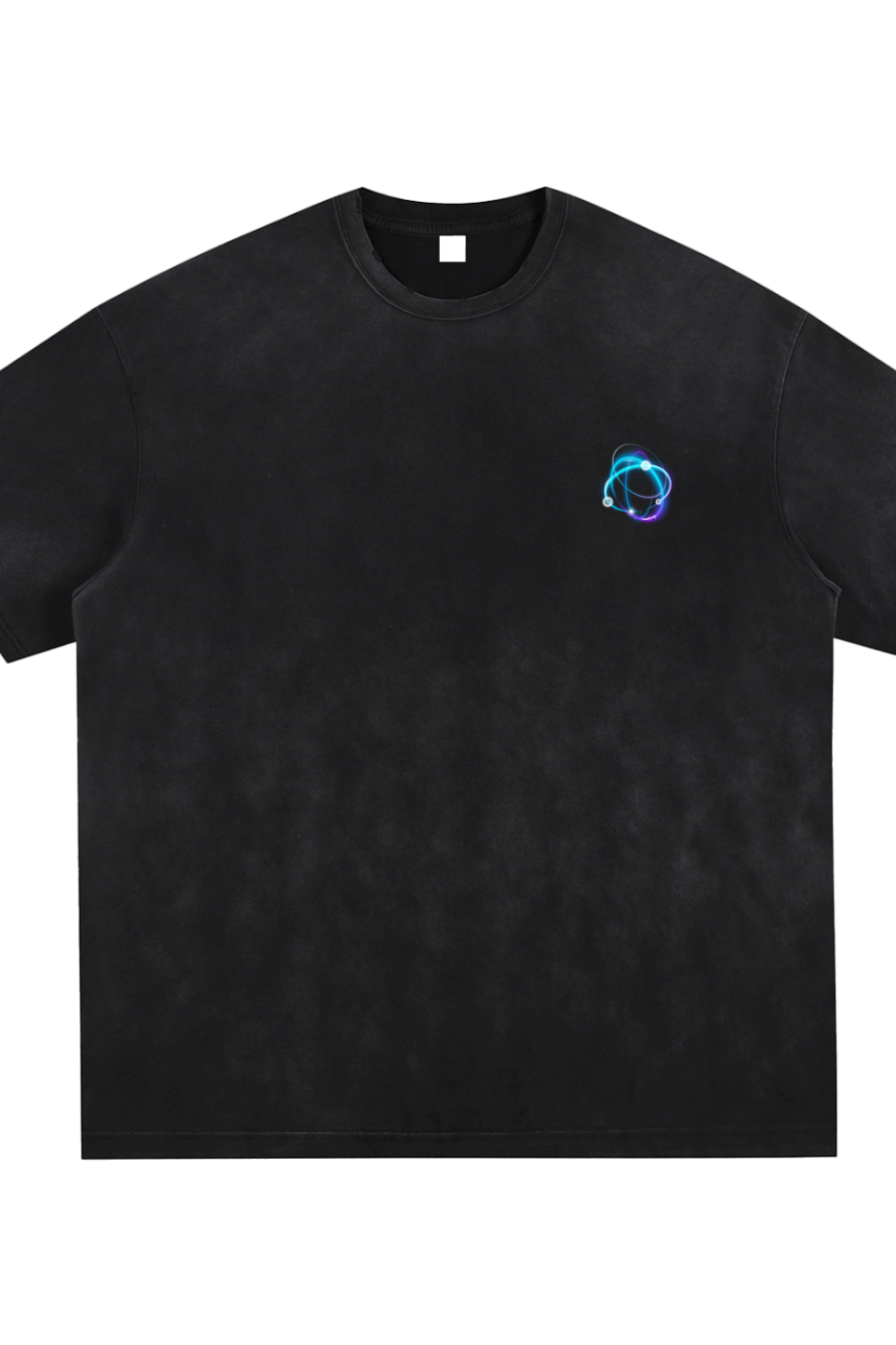 The Fusion Atom - Vintage Washed Hand-Frayed T-Shirt features a glowing blue and purple abstract logo on the left chest, paired with a black crew neck and short sleeves for an effortlessly stylish, affordable luxury look.