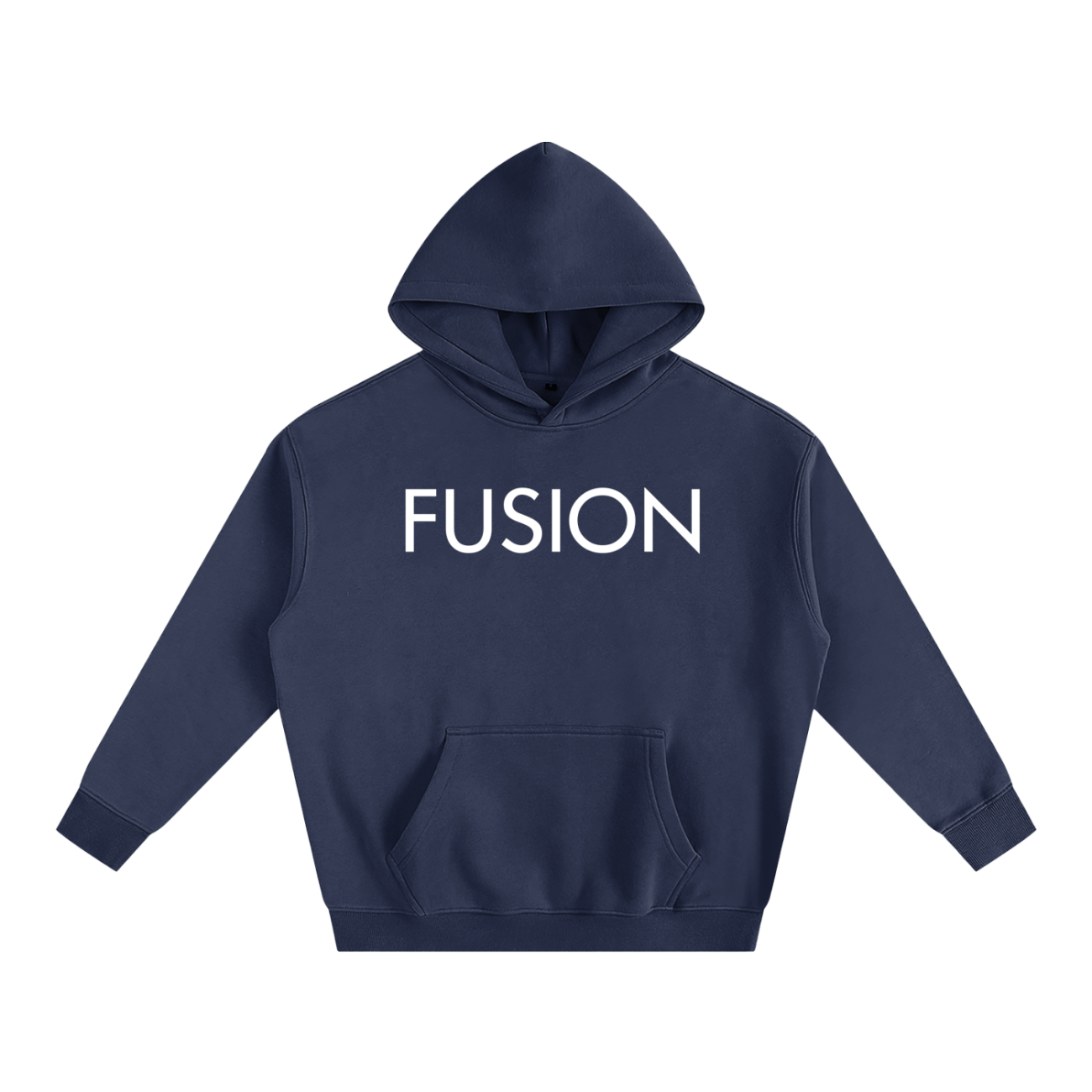 The Dark Fusion - Oversize Fleeced Hoodie features a navy blue design, front pocket, and bold FUSION print in white, delivering affordable luxury with everyday comfort and style.